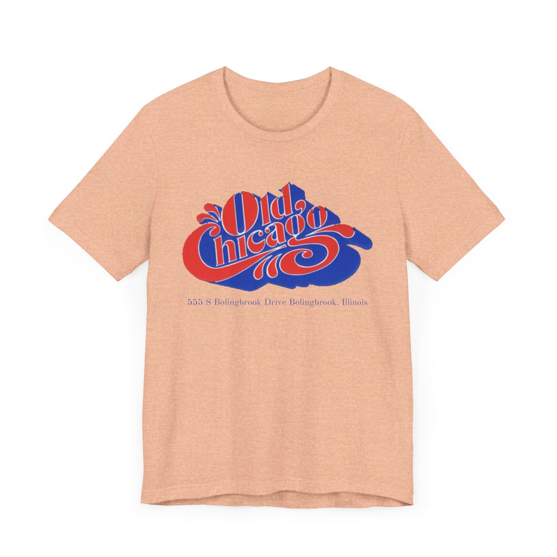 The "Old Chicago Mall Bolingbrook 1980s Retro - Unisex Jersey Short Sleeve Tee" from Printify is a gray T-shirt showcasing a vintage design with the text "Old Chicago" in blue and red. Beneath the main text, the address "355 S. Bolingbrook Drive, Bolingbrook, Illinois" appears in smaller font, evoking 80s nostalgia of the Old Chicago Mall. The shirt is displayed against a white background.