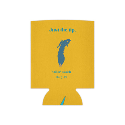 A yellow Printify "Just the Tip - Miller Beach Koozie" featuring blue text and a graphic. The fun design includes "Just the tip" at the top, a blue silhouette of Indiana with a small gold star near the top, and "Miller Beach, Gary, IN" underneath. The bottom showcases the website "socoolshirts.com.