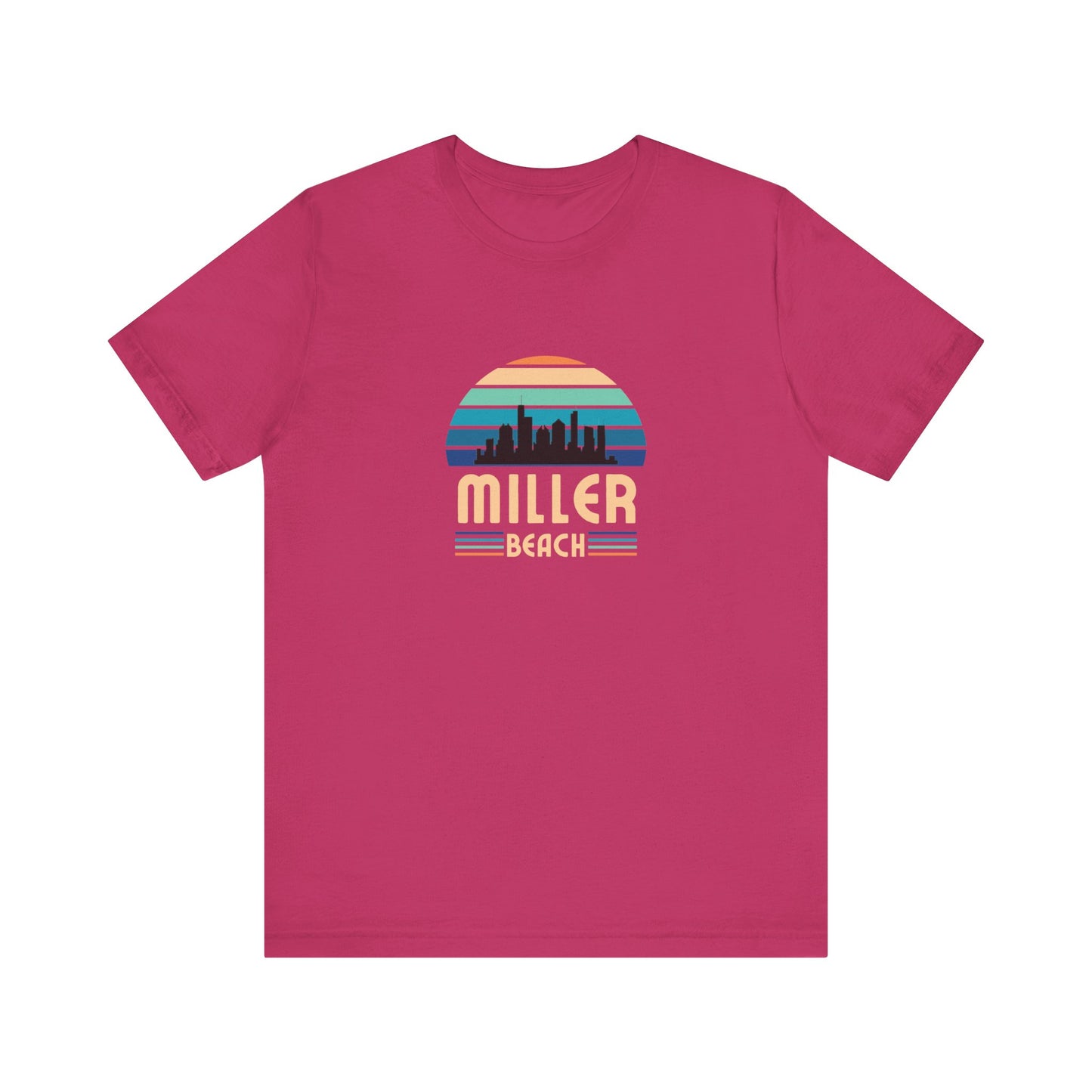 The Printify Miller Beach Chicago Skyline - Unisex Jersey Short Sleeve Tee is a light blue T-shirt featuring a stylized graphic of the Chicago skyline against a setting sun with gradient shades of blue and orange. Below the graphic, "Miller Beach" is printed in bold, yellow letters.