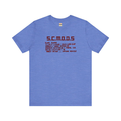 Two yellow "S.C.M.O.D.S. Blues Brother's - Unisex Jersey Short Sleeve Tee" shirts from Printify, featuring "S.C.M.O.D.S" in bold, stylized letters along with smaller text detailing terms like "Illinois," "license," and "impound vehicle." Perfect for fans of The Blues Brothers and Jake and Elwood Blues, the T-shirts are neatly folded and stacked.