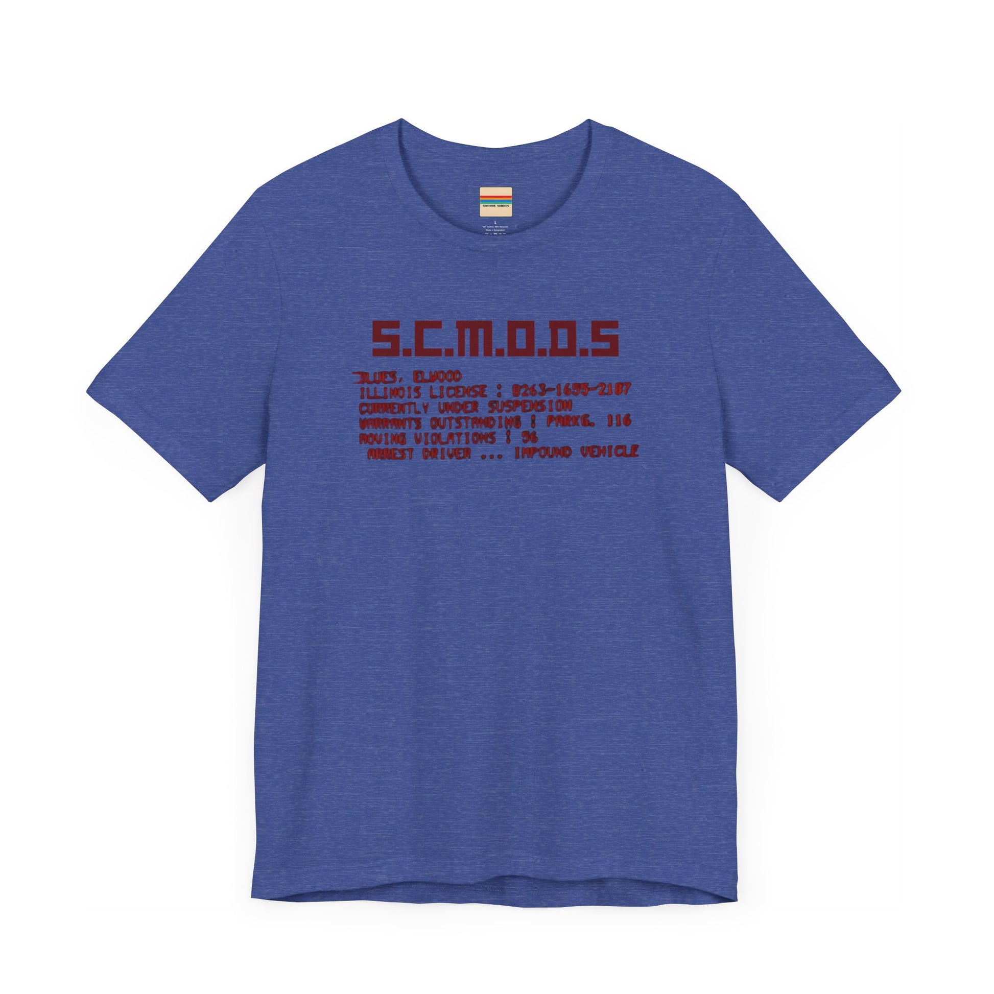 Two yellow "S.C.M.O.D.S. Blues Brother's - Unisex Jersey Short Sleeve Tee" shirts from Printify, featuring "S.C.M.O.D.S" in bold, stylized letters along with smaller text detailing terms like "Illinois," "license," and "impound vehicle." Perfect for fans of The Blues Brothers and Jake and Elwood Blues, the T-shirts are neatly folded and stacked.