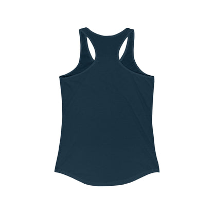 The Printify Just the Tip - Miller Beach - Women's Ideal Racerback Tank in navy blue showcases a light blue silhouette of Michigan's Lower Peninsula with a small gold star near the southern tip. Above the silhouette, it bears the text "Just the tip," while below it reads "Miller Beach, Gary, IN." It is crafted from lightweight breathable fabric to ensure ultimate comfort.