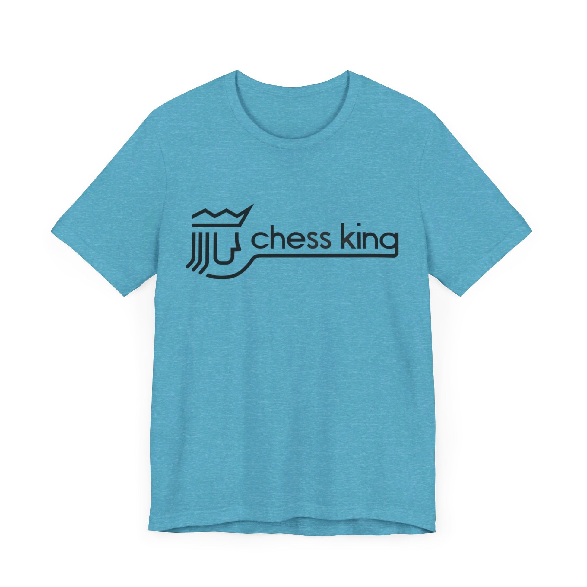 A unisex jersey short sleeve tee from Printify, featuring the Chess King 1980's Clothing Store Logo with a black, stylized king chess piece and the words "Chess King" on a blue background, reminiscent of retro 80s fashion.