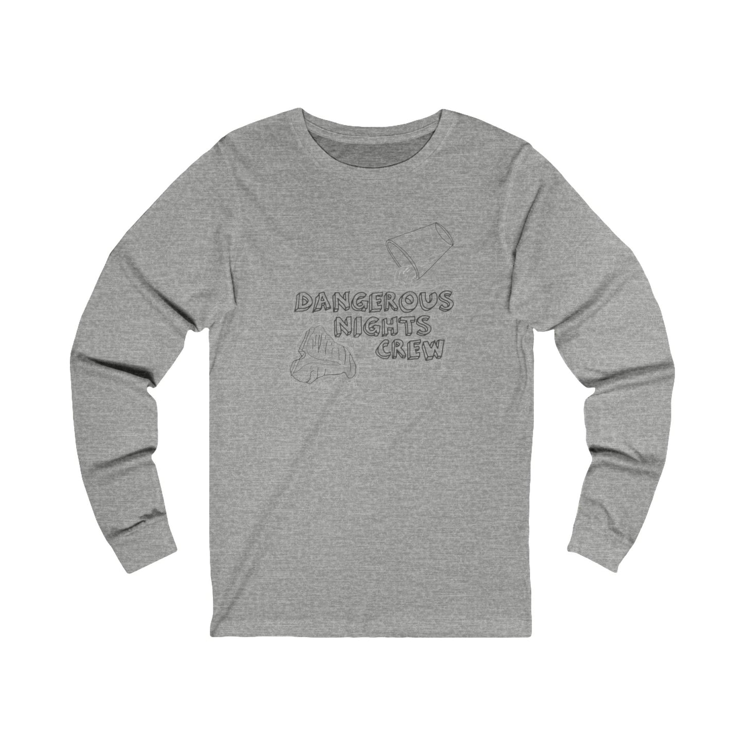 Introducing the ITYSL - Dangerous Nights Crew - Unisex Jersey Long Sleeve Tee by Printify: a stylish white long-sleeve t-shirt featuring a striking monochrome line drawing design. The artwork showcases an upside-down cup spilling liquid, a character in a helmet, and the bold, sketchy lettering of "DANGEROUS NIGHTS CREW" for that perfect "I Think You Should Leave" fan look.