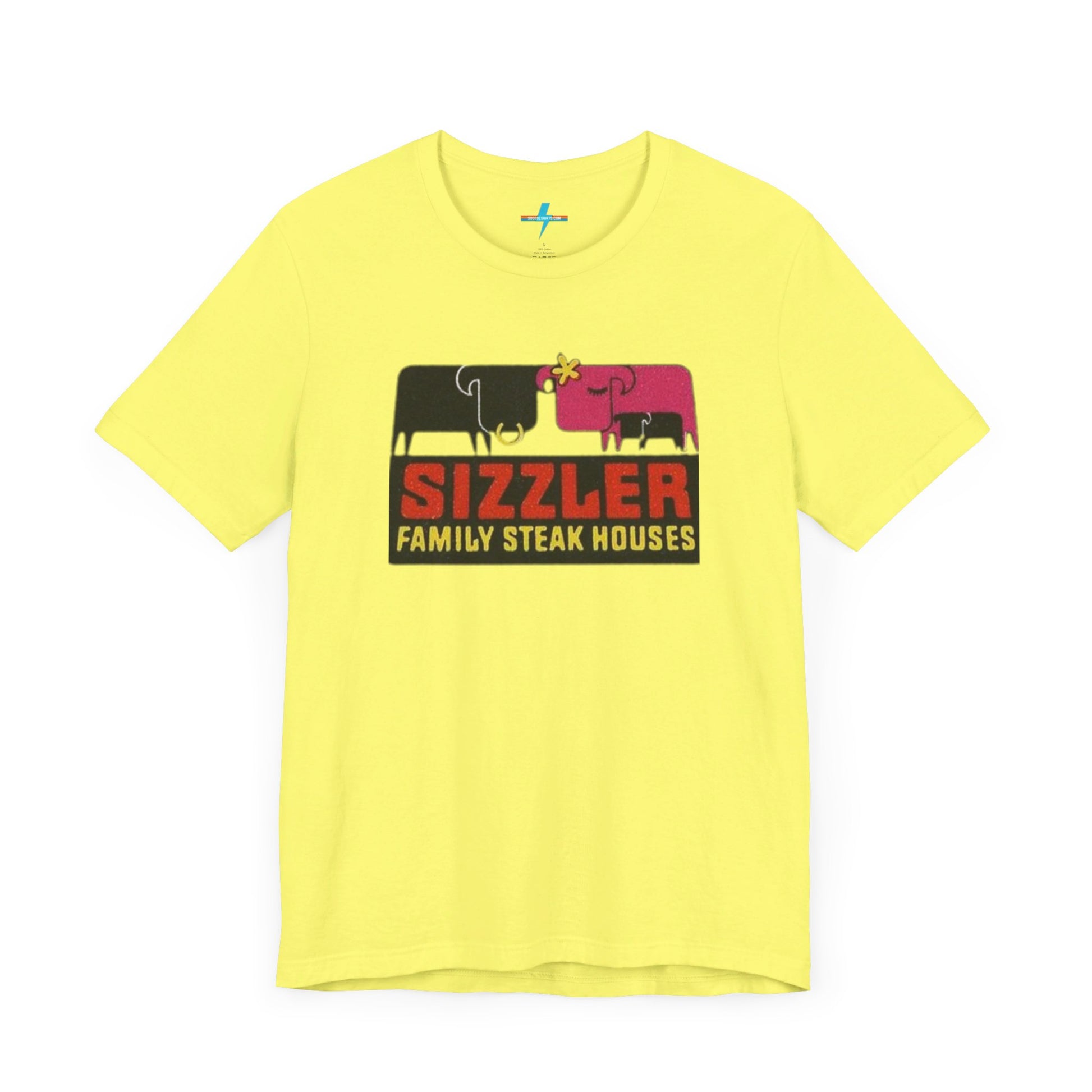 The "Sizzler Family Steakhouses - Retro 1981 Logo - Unisex Jersey Short Sleeve Tee" by Printify is a gray t-shirt showcasing a retro-style graphic with two black and pink cows, a cactus, and the text "Sizzler Family Steak Houses" in vibrant red and yellow. Ideal for any retro enthusiast, this design evokes nostalgia reminiscent of vintage restaurant logos from 1981.