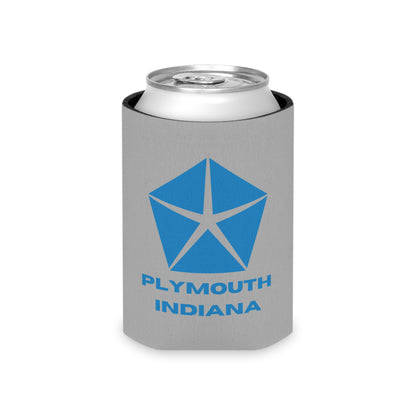 The Plymouth Indiana Koozie by Printify is a gray foam can koozie adorned with a blue geometric star logo above the text "PLYMOUTH INDIANA." At the bottom, it features a retro-inspired design with the text "SOCOOLSHIRTS.COM" in red and blue.