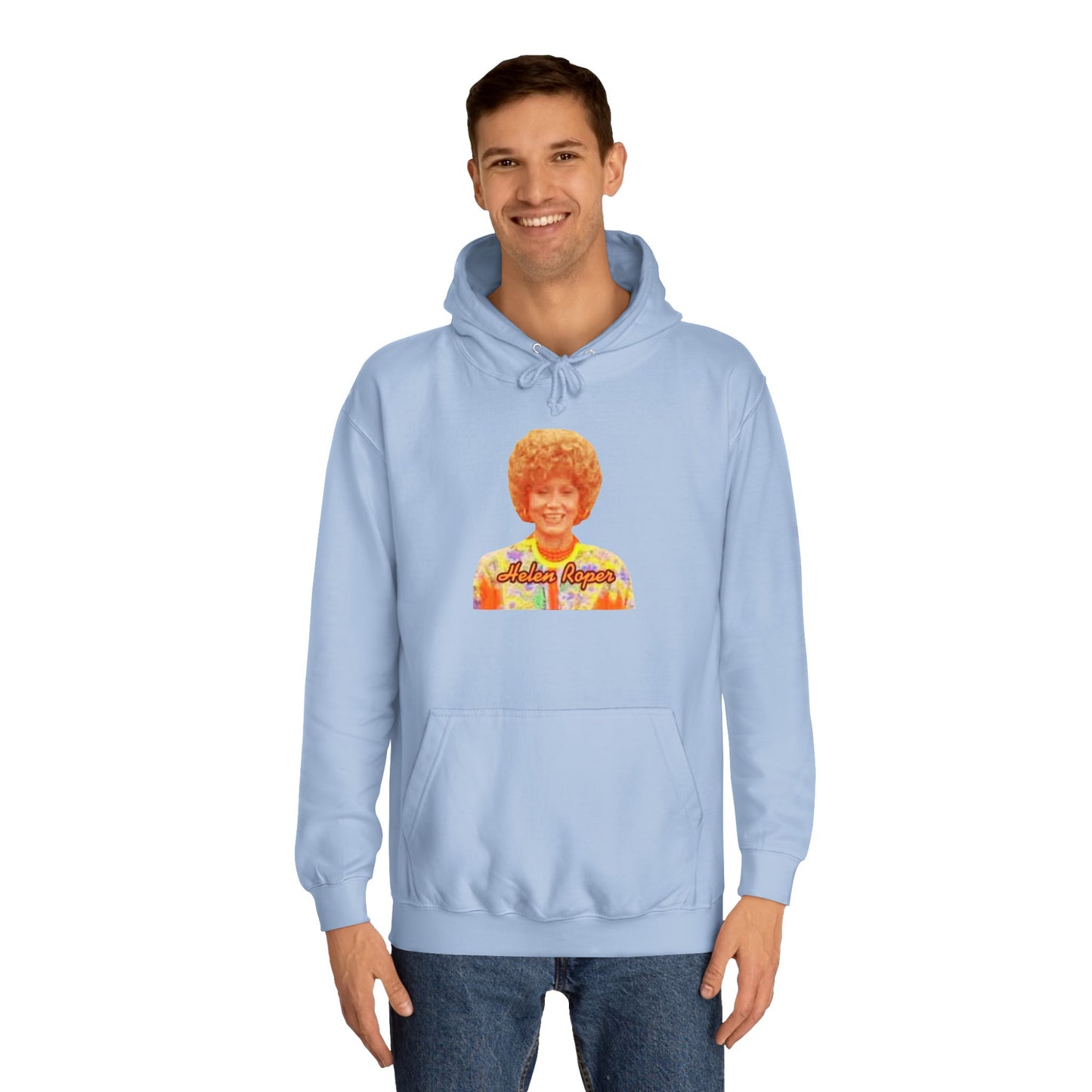 This Helen Roper - Three's Company unisex hoodie by Printify features a lively graphic of a woman with curly hair in a vibrant, patterned outfit. The elegantly scripted text "Mother Rogers" beneath her adds a vintage fashion flair to any wardrobe.