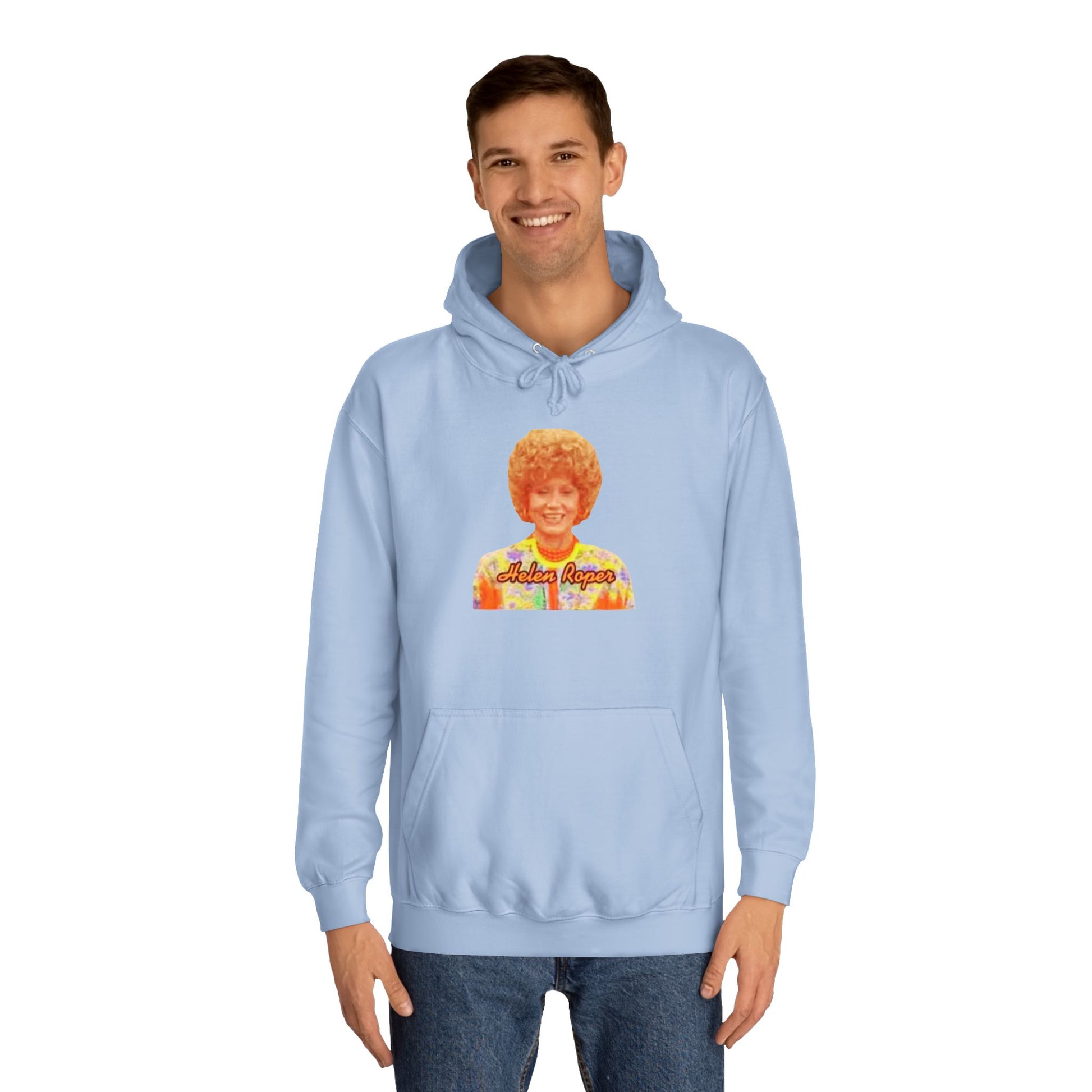 This Helen Roper - Three's Company unisex hoodie by Printify features a lively graphic of a woman with curly hair in a vibrant, patterned outfit. The elegantly scripted text "Mother Rogers" beneath her adds a vintage fashion flair to any wardrobe.