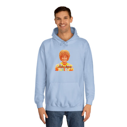 This Helen Roper - Three's Company unisex hoodie by Printify features a lively graphic of a woman with curly hair in a vibrant, patterned outfit. The elegantly scripted text "Mother Rogers" beneath her adds a vintage fashion flair to any wardrobe.