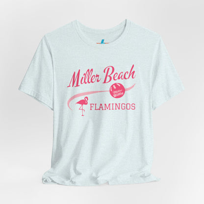 Printify offers the Miller Beach Flamingos WWBC - Unisex Jersey Short Sleeve Tee, featuring a light pink T-Shirt adorned with "Miller Beach Flamingos" and a volleyball graphic in pink. This design also includes an illustration of a flamingo, celebrating their participation in the World Wiffel Ball Championship. The shirt is showcased against a minimalist, white backdrop.