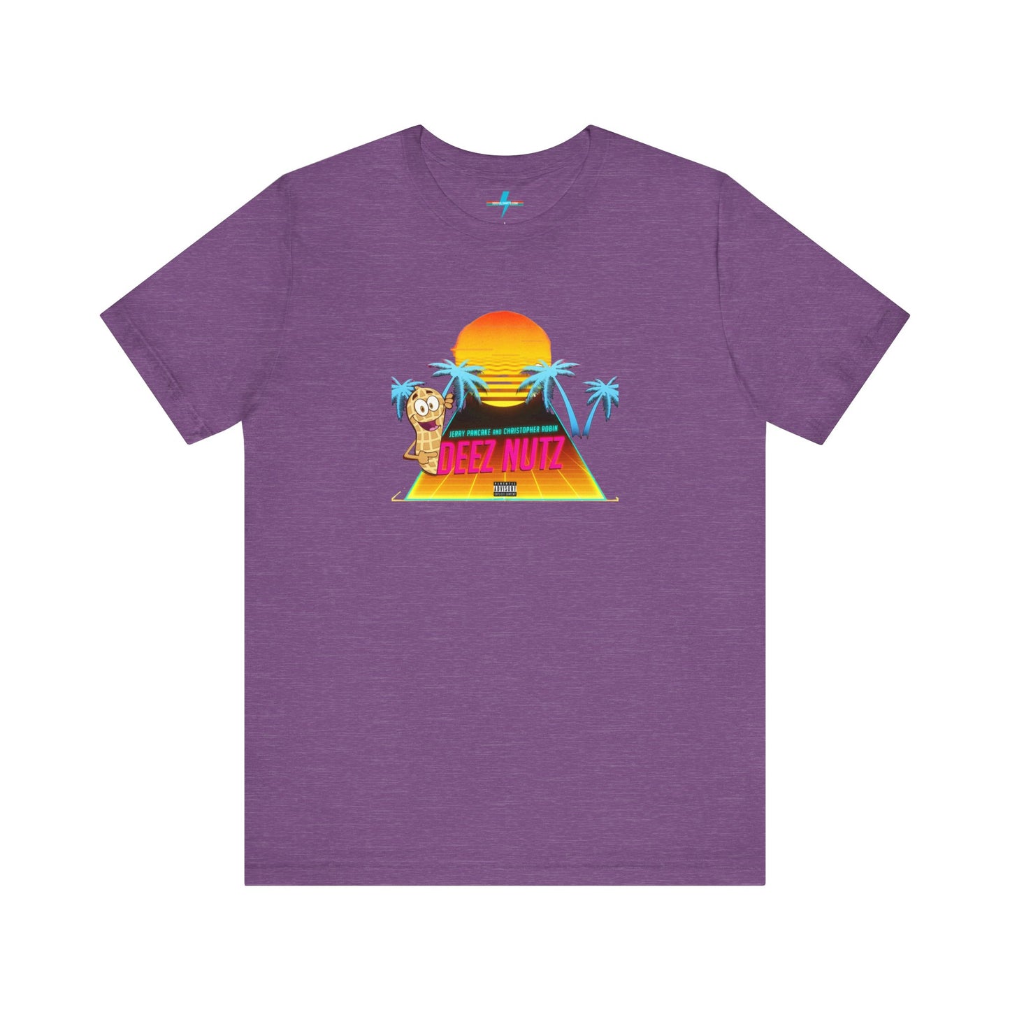 A Printify "Deez Nutz Jerry Pancake and Christopher Robin" t-shirt in purple, featuring a graphic of a sunset over a pyramid with palm trees and an illustration of an anthropomorphic nut holding a sign. The text on the shirt reads, "Just hanging out, cracking open... DEEZ NUTZ." Perfect as a unisex jersey short sleeve tee!