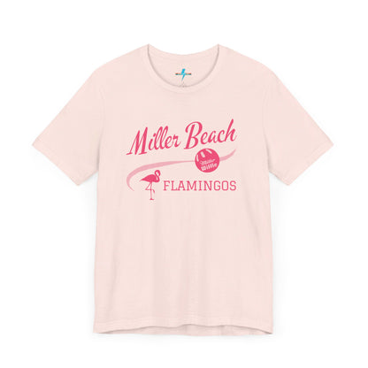 Printify offers the Miller Beach Flamingos WWBC - Unisex Jersey Short Sleeve Tee, featuring a light pink T-Shirt adorned with "Miller Beach Flamingos" and a volleyball graphic in pink. This design also includes an illustration of a flamingo, celebrating their participation in the World Wiffel Ball Championship. The shirt is showcased against a minimalist, white backdrop.