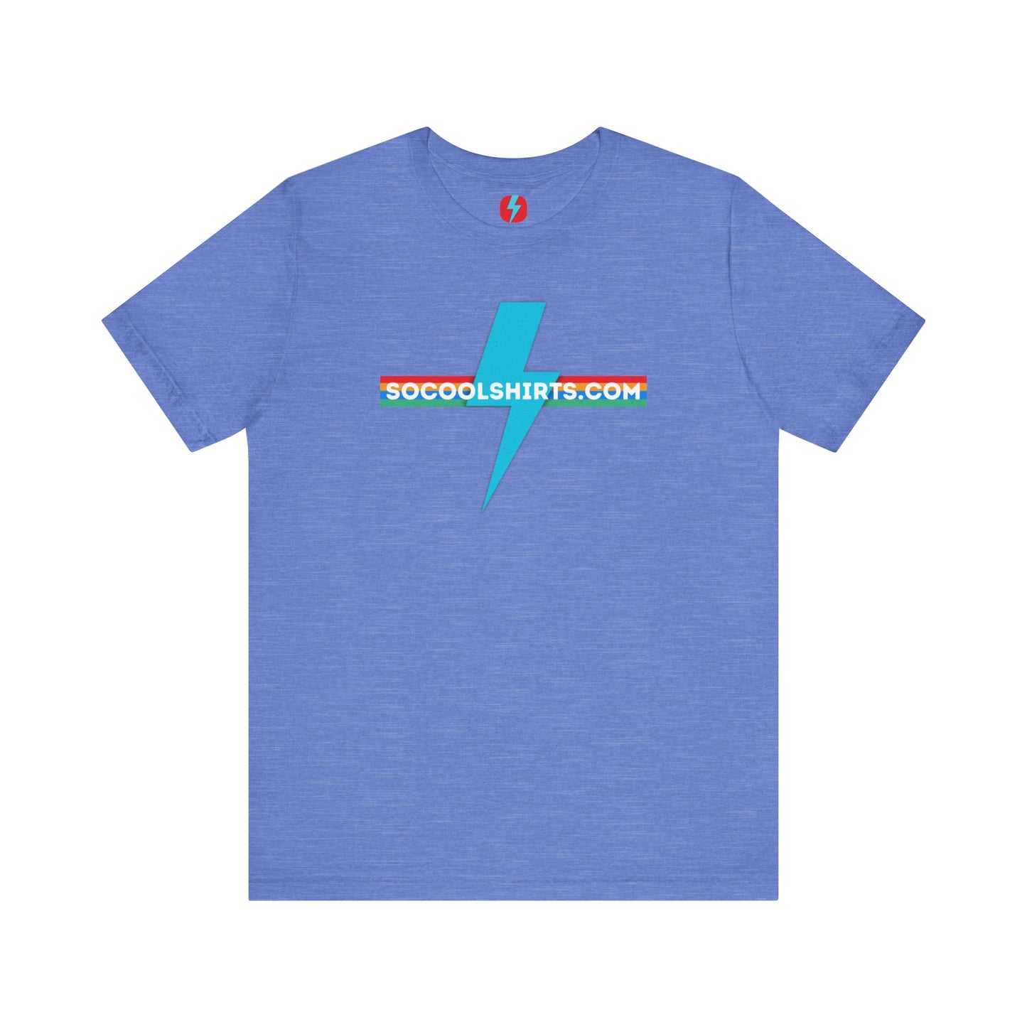 This unisex jersey short sleeve tee by Printify features a striking maroon color with a central light blue lightning bolt design. The text "SOCOOLSHIRTS.COM" is prominently displayed across the lightning bolt in white letters, set against a multicolored background that exudes retro vibes. The shirt is shown laid flat on a white backdrop.