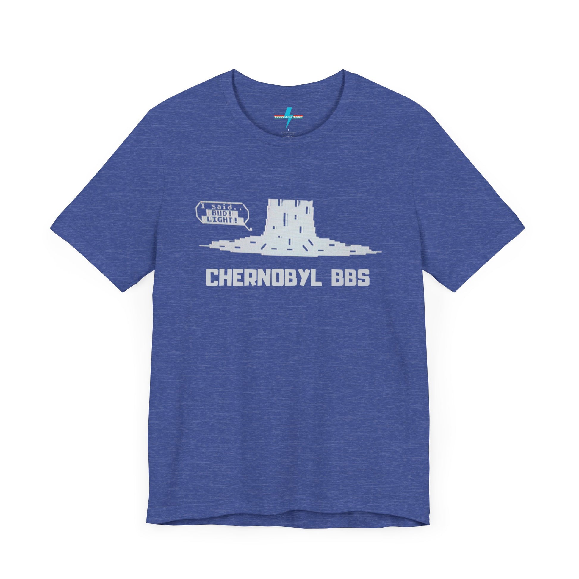 Introducing the Chernobyl BBS 1987 Shorewood, Illinois - Unisex Jersey Short Sleeve Tee by Printify: This dark gray tee showcases a glowing nuclear cooling tower with "BBS" text on the side. Below the graphic, "CHERNOBYL BBS" is boldly printed in capital letters, making it an ideal choice for retro tech aficionados and old-school hackers alike.