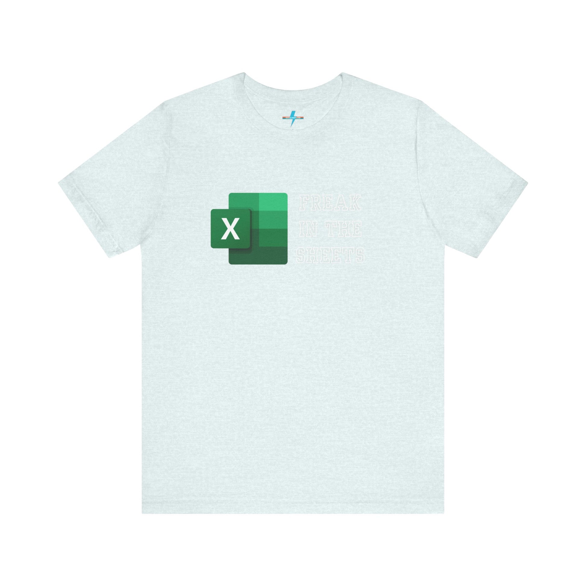 A green Freak in the Sheets - Excel - Unisex Jersey Short Sleeve Tee from Printify, featuring the Microsoft Excel logo on the left. The text next to the logo reads, "FREAK IN THE SHEETS" in white, bold, all-caps letters, making it perfect for spreadsheet enthusiasts. The shirt is laid flat against a plain white background.