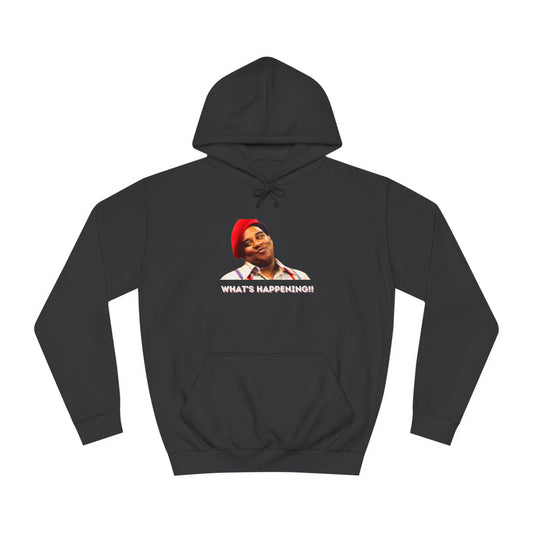 A black Printify college hoodie called "Rerun - Fred Barry - What's Happening!!" featuring an image of Fred Berry smiling and wearing his iconic red cap, with "WHAT'S HAPPENING!!" printed in white letters.