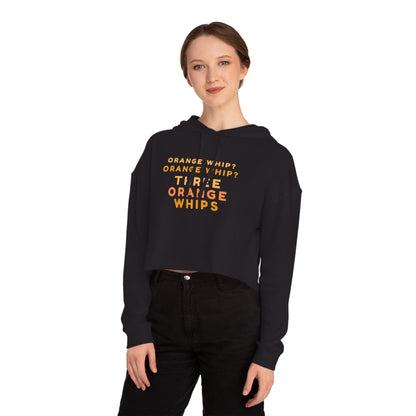 A stylish and comfortable Black Camo cropped hooded sweatshirt from Printify, this "Three Orange Whips - Blues Brothers" women's hoodie features the iconic text "Orange Whip? Orange Whip? Orange Whip? THREE ORANGE WHIPS" in bright orange letters on the front. It includes a front pocket and drawstring-adjustable hood.