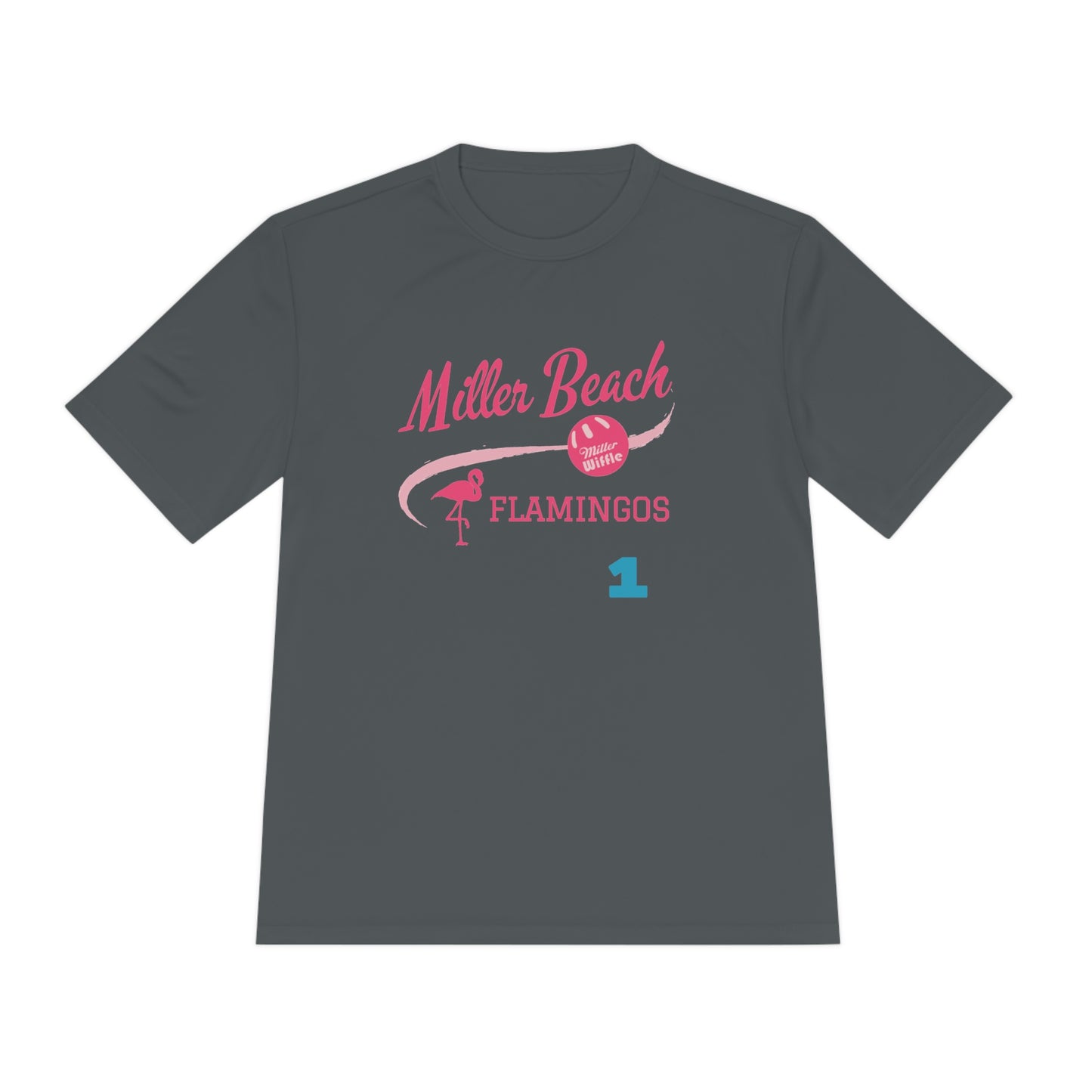 Introducing the "Miller Beach Flamingos - Jackson 01" Unisex Moisture Wicking Tee by Printify. This beige T-shirt showcases "Miller Beach" in a pink cursive font accompanied by a small pink flamingo illustration. Below, "FLAMINGOS" is displayed in bold pink capital letters, with a blue "01" on the bottom right corner. As part of the Sport-Tek PosiCharge Competitor collection, this lightweight shirt provides superior moisture-wicking performance.