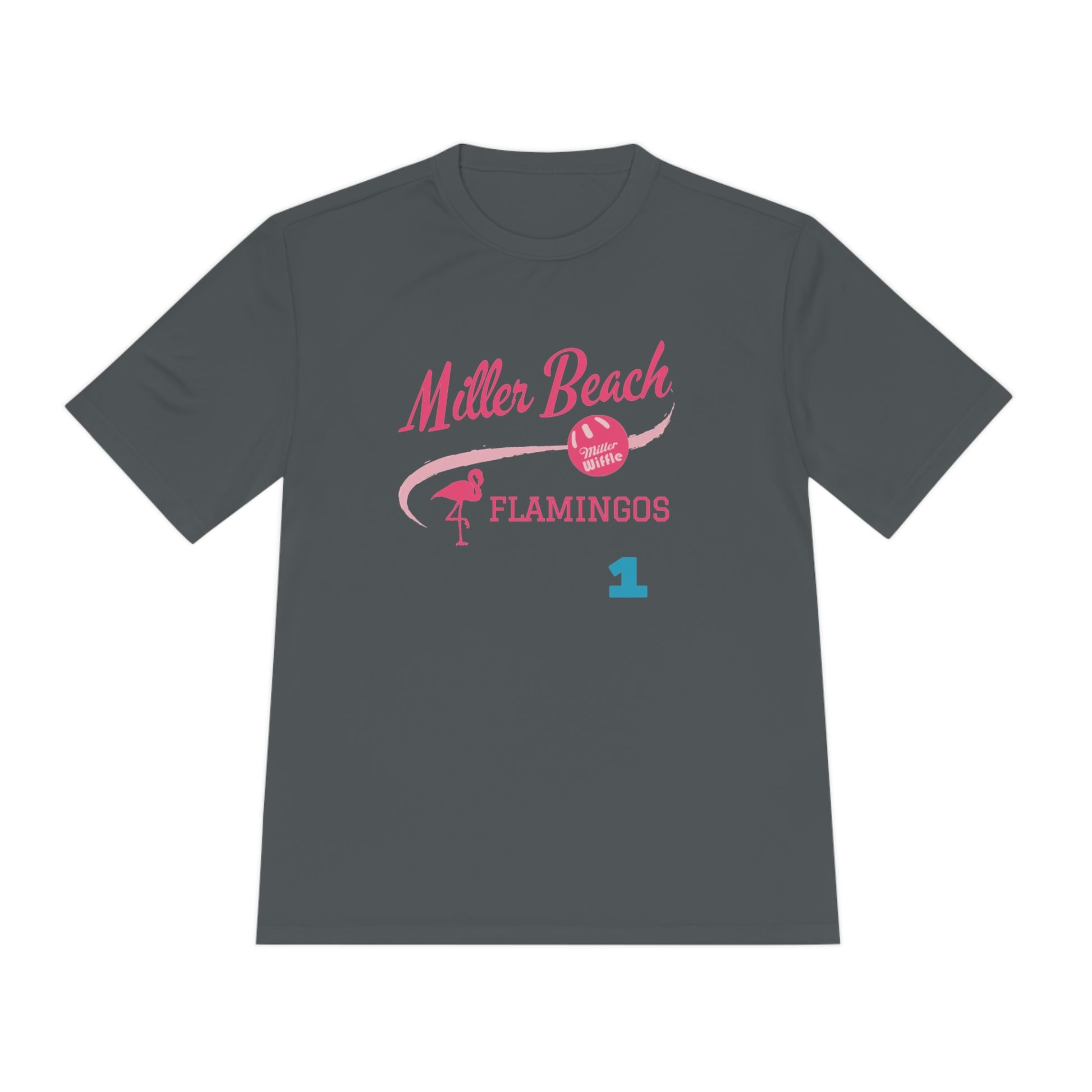 Introducing the "Miller Beach Flamingos - Jackson 01" Unisex Moisture Wicking Tee by Printify. This beige T-shirt showcases "Miller Beach" in a pink cursive font accompanied by a small pink flamingo illustration. Below, "FLAMINGOS" is displayed in bold pink capital letters, with a blue "01" on the bottom right corner. As part of the Sport-Tek PosiCharge Competitor collection, this lightweight shirt provides superior moisture-wicking performance.