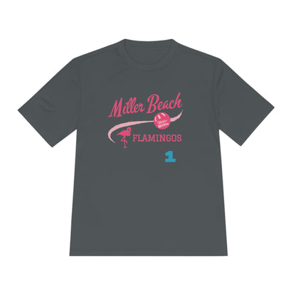 Introducing the "Miller Beach Flamingos - Jackson 01" Unisex Moisture Wicking Tee by Printify. This beige T-shirt showcases "Miller Beach" in a pink cursive font accompanied by a small pink flamingo illustration. Below, "FLAMINGOS" is displayed in bold pink capital letters, with a blue "01" on the bottom right corner. As part of the Sport-Tek PosiCharge Competitor collection, this lightweight shirt provides superior moisture-wicking performance.