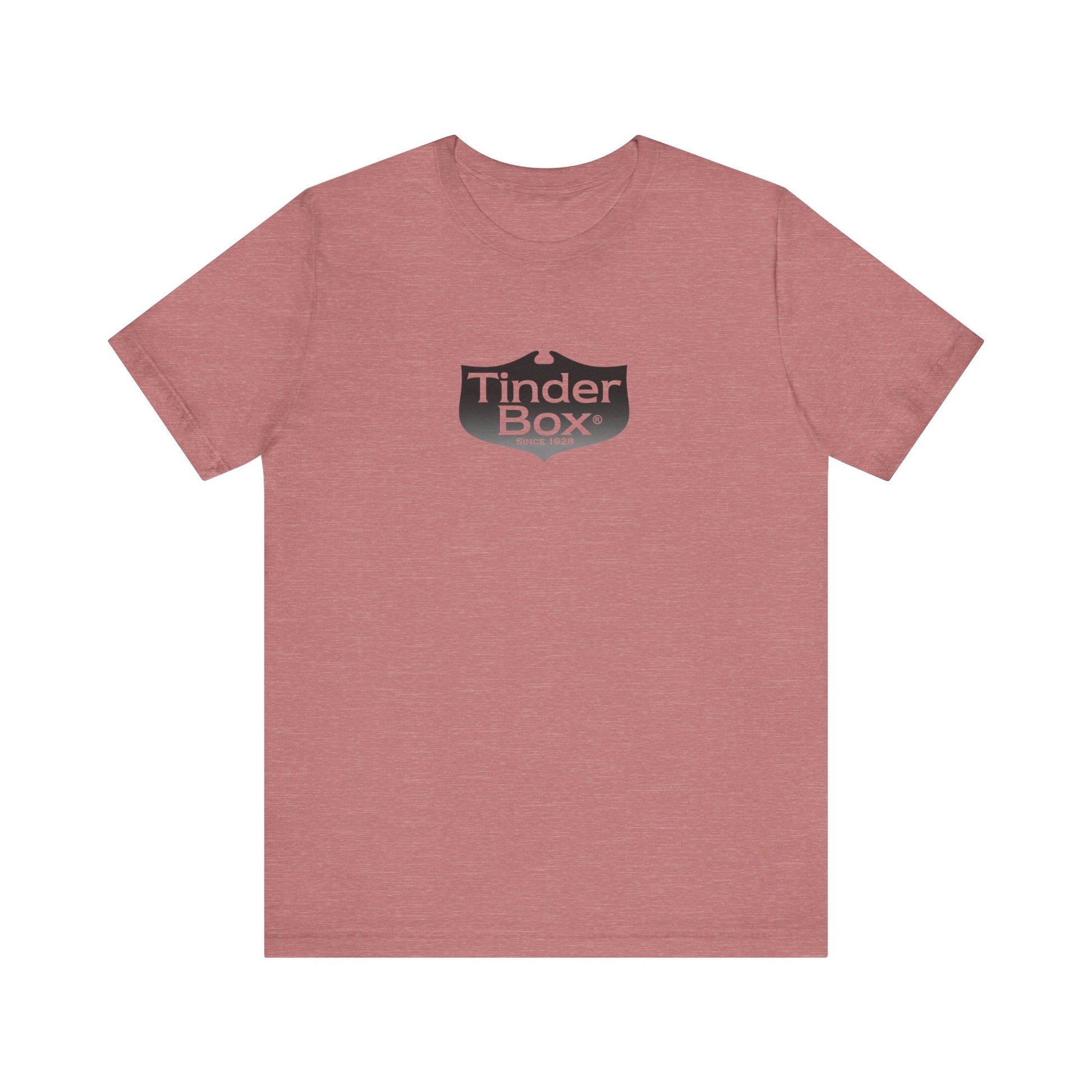 A light blue Printify "The Tinder Box 1980s" unisex jersey short sleeve tee featuring the "Tinder Box" logo in the center. The logo consists of a dark shield with the words "Tinder Box" in white text, with a small flame icon replacing the dot above the "i".