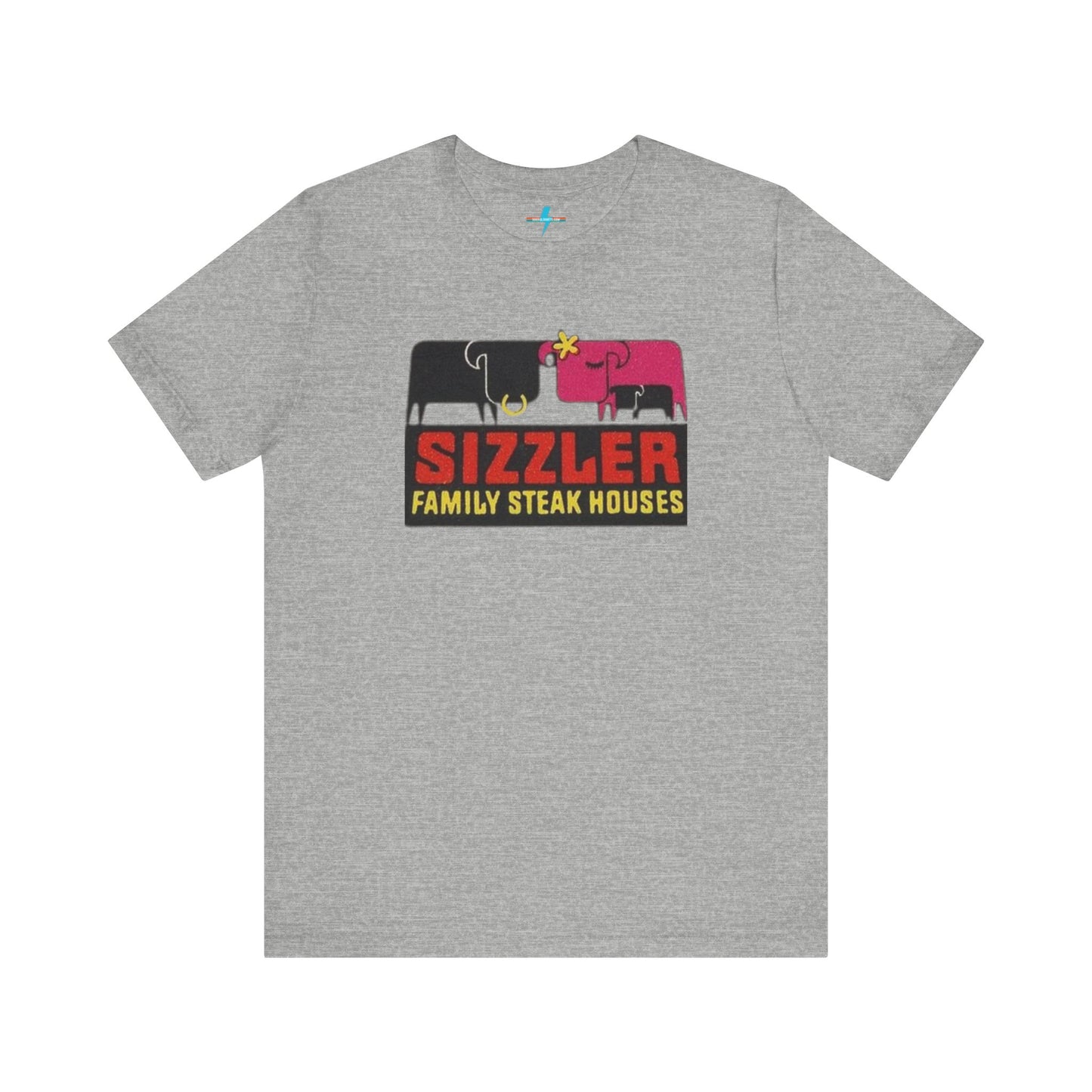 The "Sizzler Family Steakhouses - Retro 1981 Logo - Unisex Jersey Short Sleeve Tee" by Printify is a gray t-shirt showcasing a retro-style graphic with two black and pink cows, a cactus, and the text "Sizzler Family Steak Houses" in vibrant red and yellow. Ideal for any retro enthusiast, this design evokes nostalgia reminiscent of vintage restaurant logos from 1981.