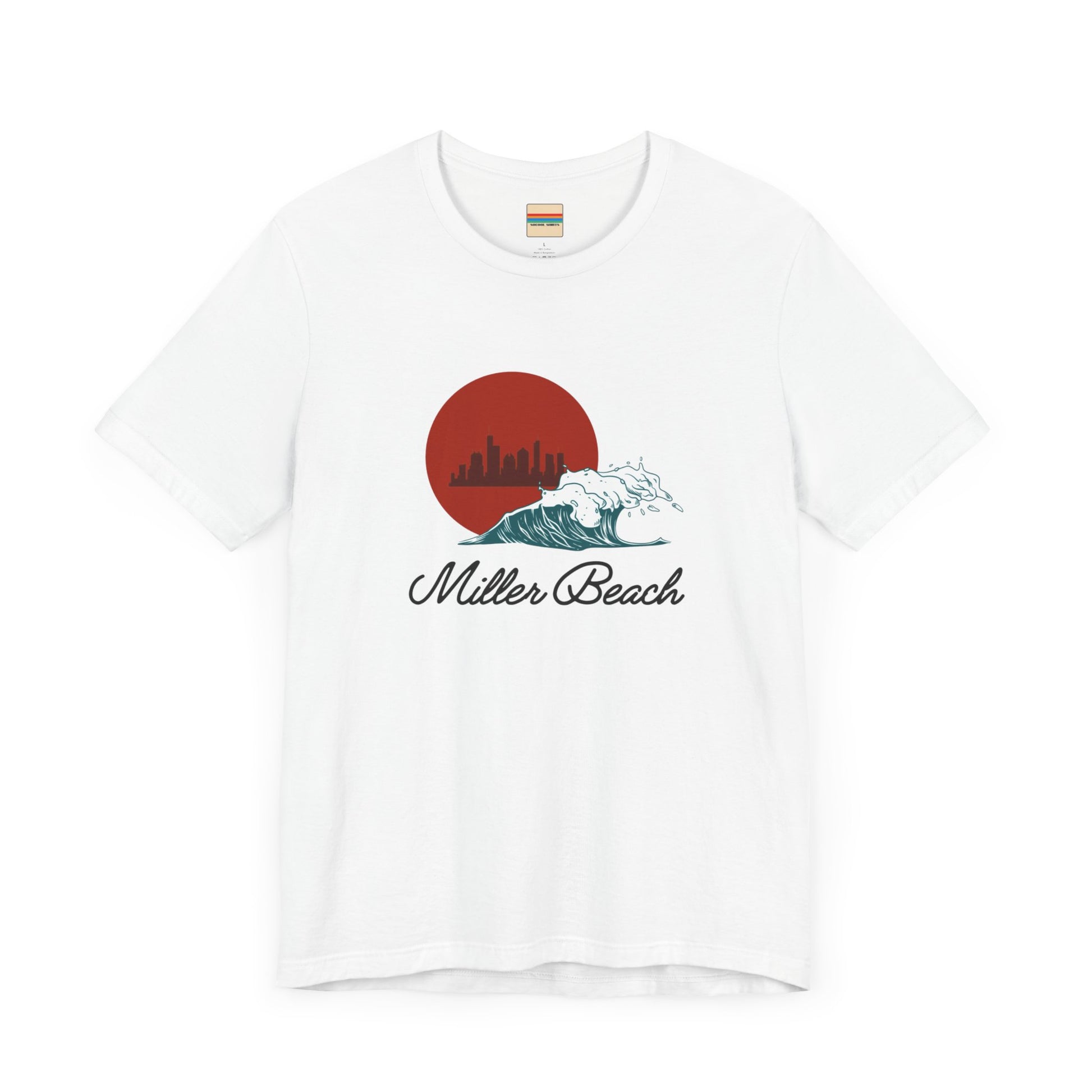 Description: Introducing the "Miller Beach Surf" Unisex Jersey Short Sleeve Tee by Printify. This light green T-shirt showcases a striking graphic design of a large wave crashing, accompanied by a red sun and a city skyline in the background. Crafted from soft Airlume combed and ring-spun cotton for that retail fit feel, this tee also features "Miller Beach" text in an elegant script font beneath the design.