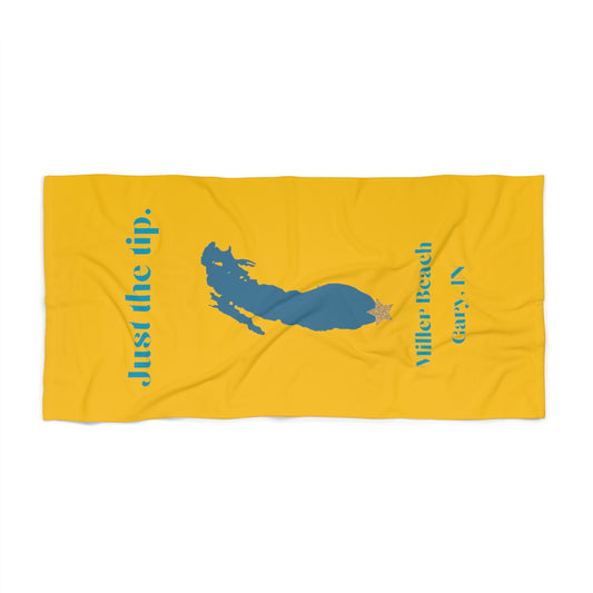 The Printify "Just the Tip - Miller Beach" towel is luxuriously soft and brightly yellow, featuring a blue silhouette of a woman's head with long hair adorned with a crown-like star. The sides are printed in blue with the text "Just the Tip" and "Miller Beach Gary, IN.