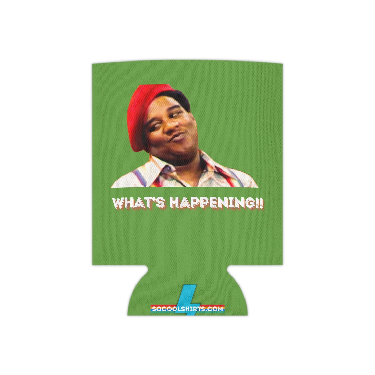 An image of the What's Happening!! Koozie by Printify shows a green beverage holder featuring a smiling person in a red cap. The bold text "WHAT'S HAPPENING!!" appears below the photo, evoking the style of 1970s TV. The base includes the website "SOCOOLSHIRTS.COM" in blue and red, making it the ideal Rerun Koozie.