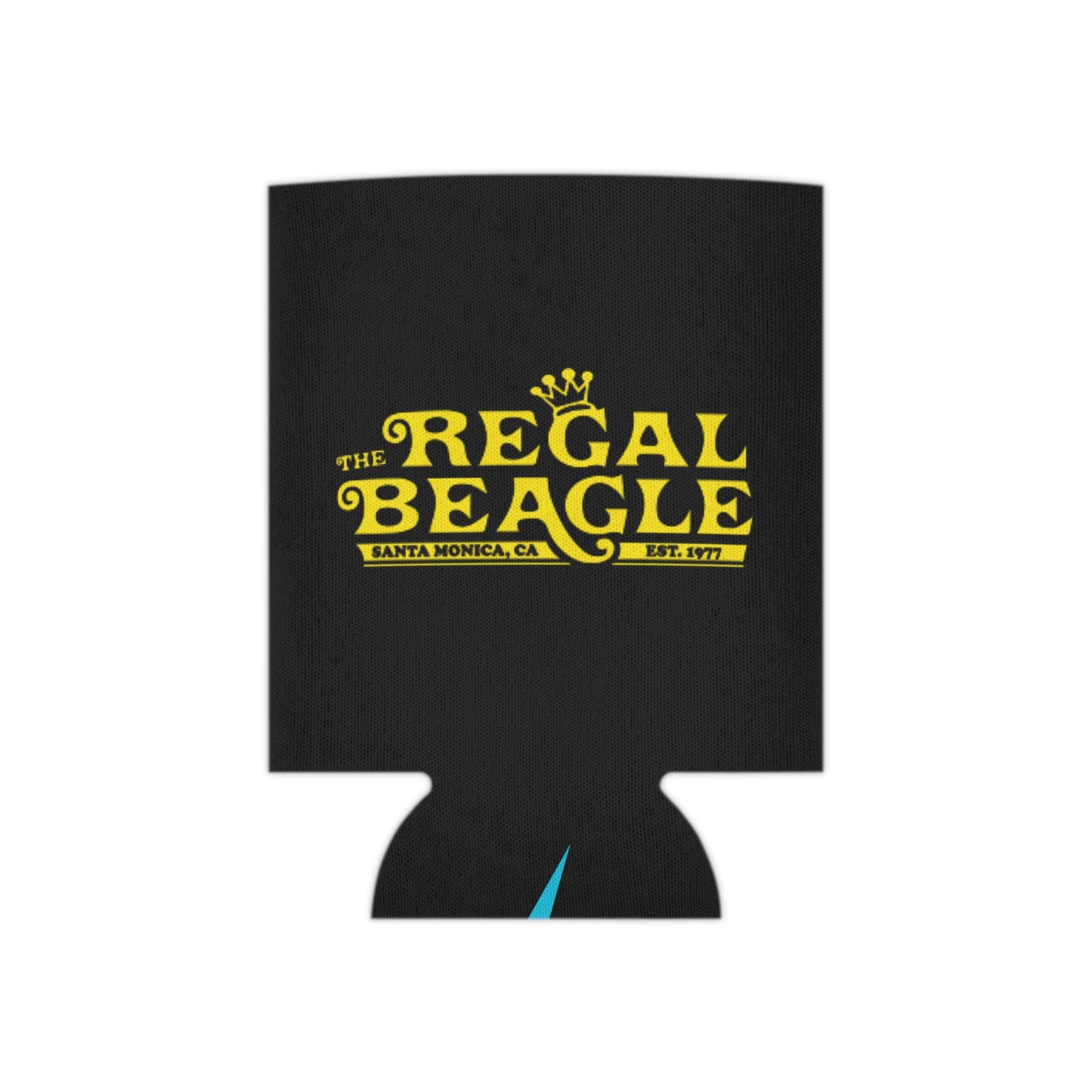 The Regal Beagle - Three's Company - Koozie by Printify features a black design with yellow text that reads "The Regal Beagle," alongside "Santa Monica, CA" and "Est. 1977." A small, partially visible URL in white and blue at the bottom reads socoolshirts.com. An ideal accessory for fans of Three’s Company!