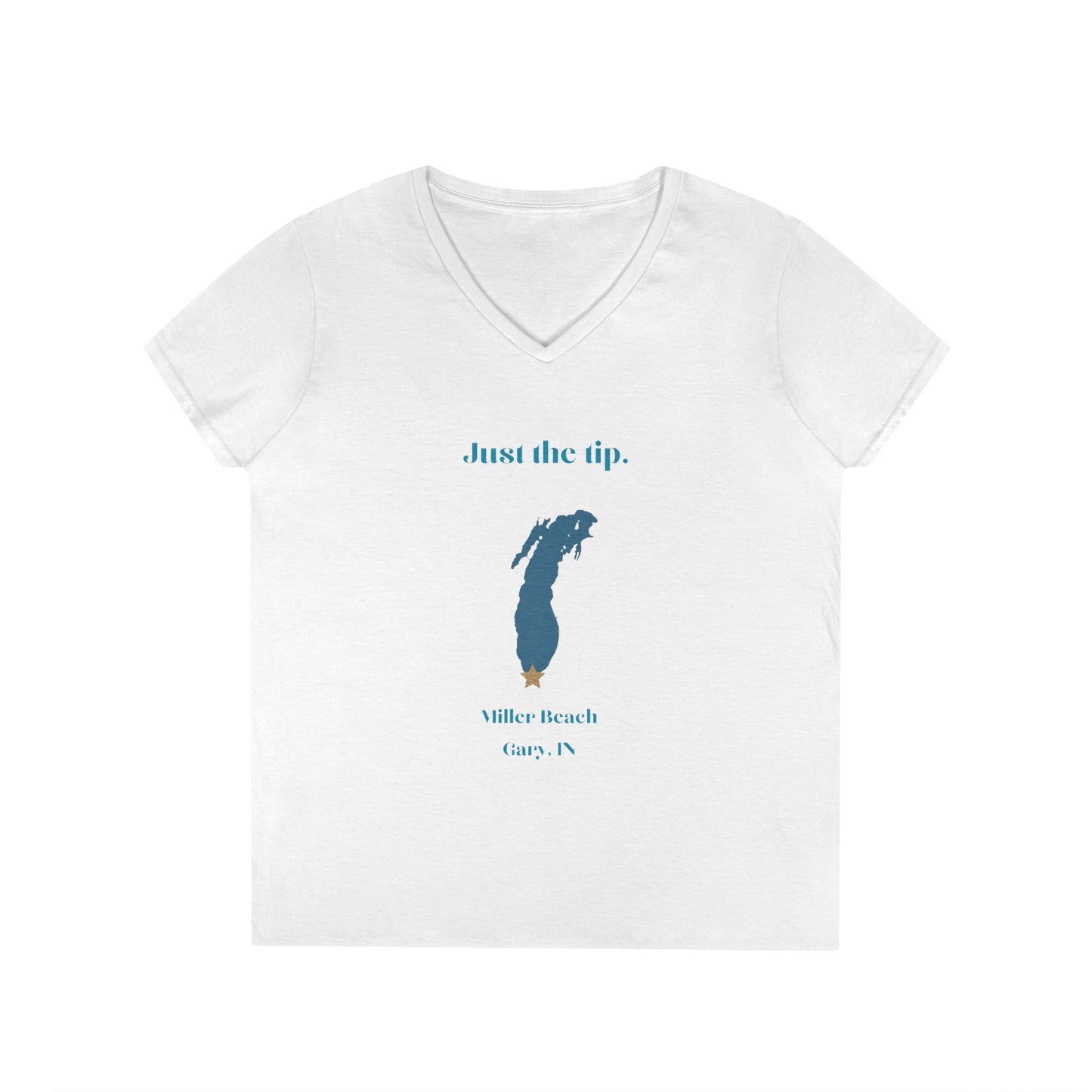 The Just the Tip - Miller Beach Ladies' V-Neck T-Shirt by Printify is a coral-colored top made from soft tri-blend fabric. It showcases a graphic of Lake Michigan accompanied by the playful text "Just the tip," along with "Miller Beach, Gary, IN" displayed below.