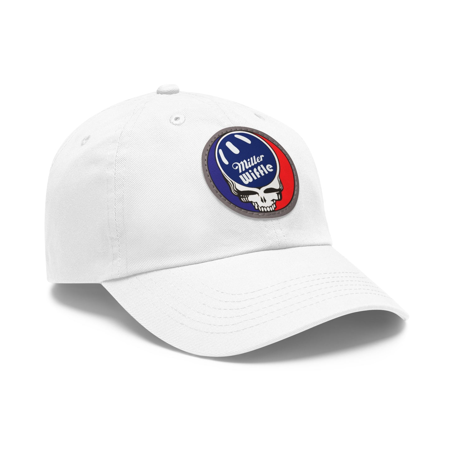 Product Description: The Dad Hat with Leather Patch (Round) - Miller Wiffle Grateful Dead Stealy by Printify is a red baseball cap made from bio-washed chino twill. It features a round PU leather patch on the front, depicting a blue and white wiffle ball above a stylized white skull. The words "Miller Wiffle" are written in white text on the ball. This cap includes a curved brim and ventilation holes on top for added comfort.