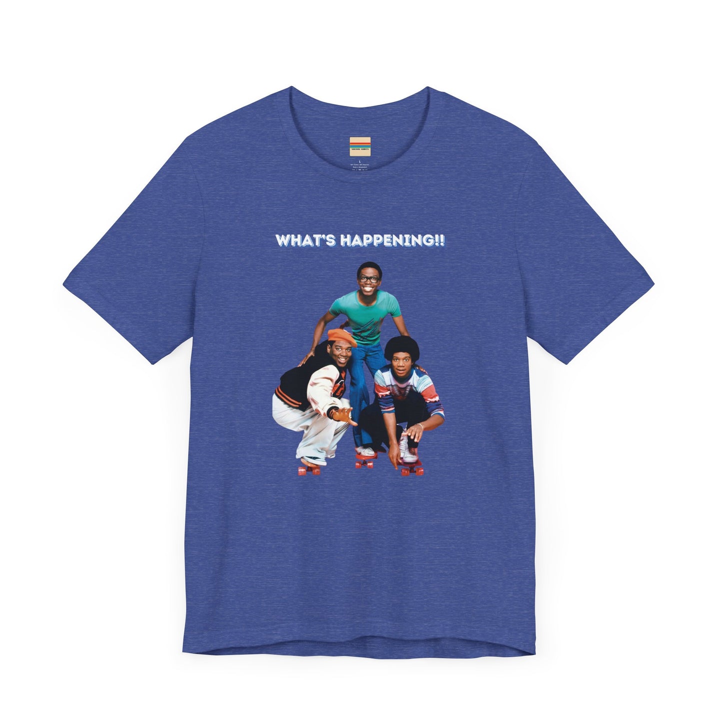 A "What's Happening!!" - Retro 1980s TV Show unisex jersey short sleeve tee by Printify, featuring a blue graphic with three smiling, energetically posing individuals dressed in fashionable casual attire. The top text "WHAT'S HAPPENING!!" is displayed in white, perfectly capturing the nostalgic vibe of the 1980s.