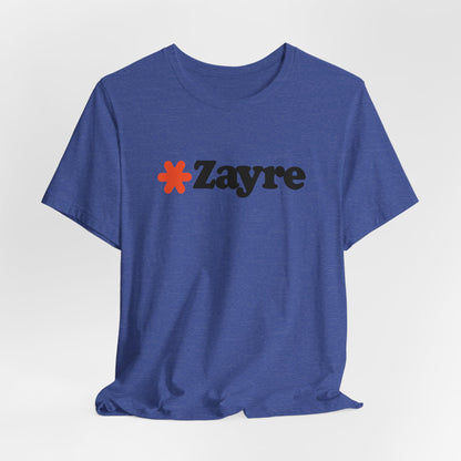 The Zayre Stores Logo - Retro 1980s Unisex Jersey Short Sleeve Tee by Printify features a gray design with the word "Zayre" printed in black letters and a red asterisk preceding the text. Reminiscent of retro fashion from the Zayre 1980s Retail Store, this shirt is displayed against a minimalistic white background and appears to be made of soft, comfortable fabric.