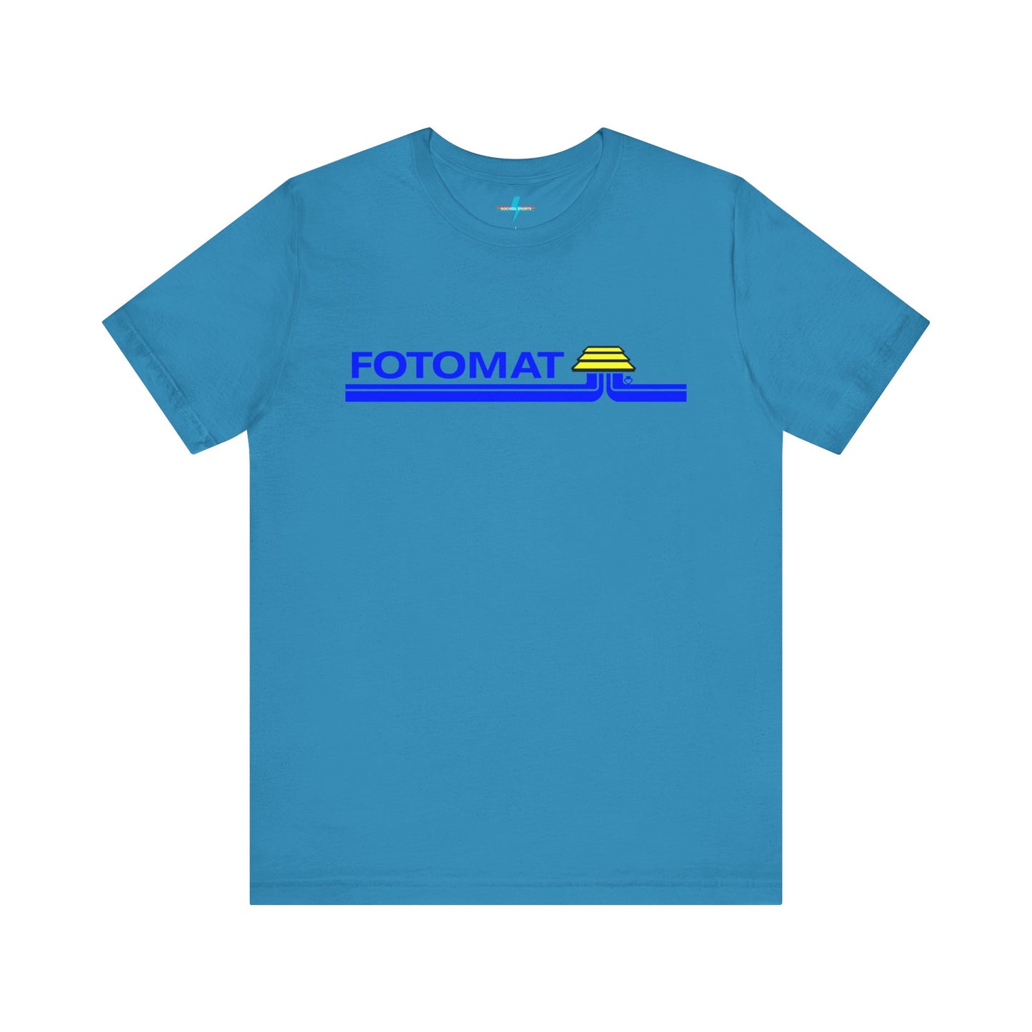 The Fotomat 1970s Retro T-Shirt by Printify is a dark gray short-sleeve shirt that features the word "FOTOMAT" in bold blue capital letters and a blue and yellow graphic design resembling layered lines and an upside-down triangle. This Tshirt captures the essence of 80s nostalgia with its centered, retro design.