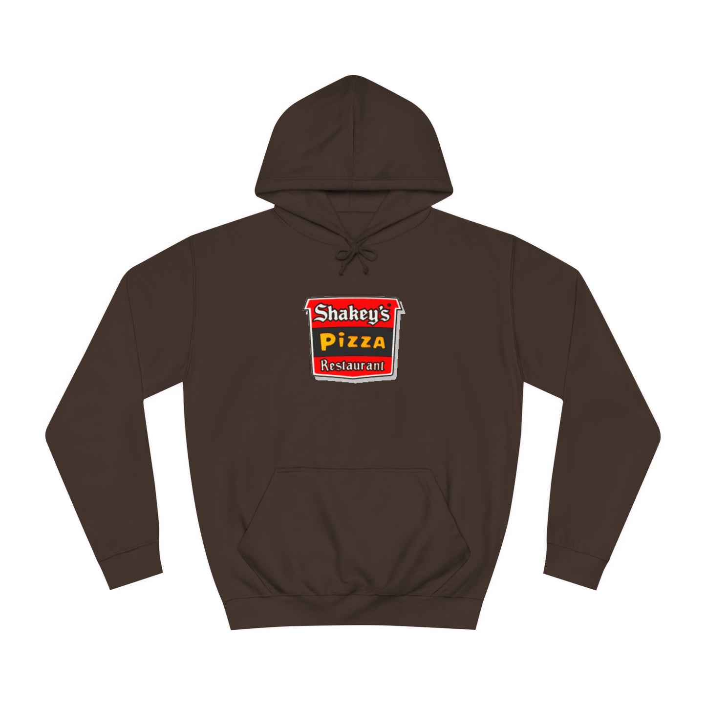 The Shakey's Pizza - 1980s Retro - Unisex Hoodie by Printify showcases a retro-style colorful logo on the front, highlighted with "Shakey's Pizza Restaurant" in bold white lettering against a striking red and black background, offering a vintage feel.