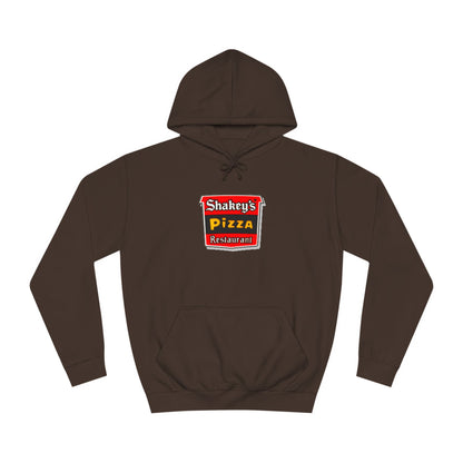 The Shakey's Pizza - 1980s Retro - Unisex Hoodie by Printify showcases a retro-style colorful logo on the front, highlighted with "Shakey's Pizza Restaurant" in bold white lettering against a striking red and black background, offering a vintage feel.