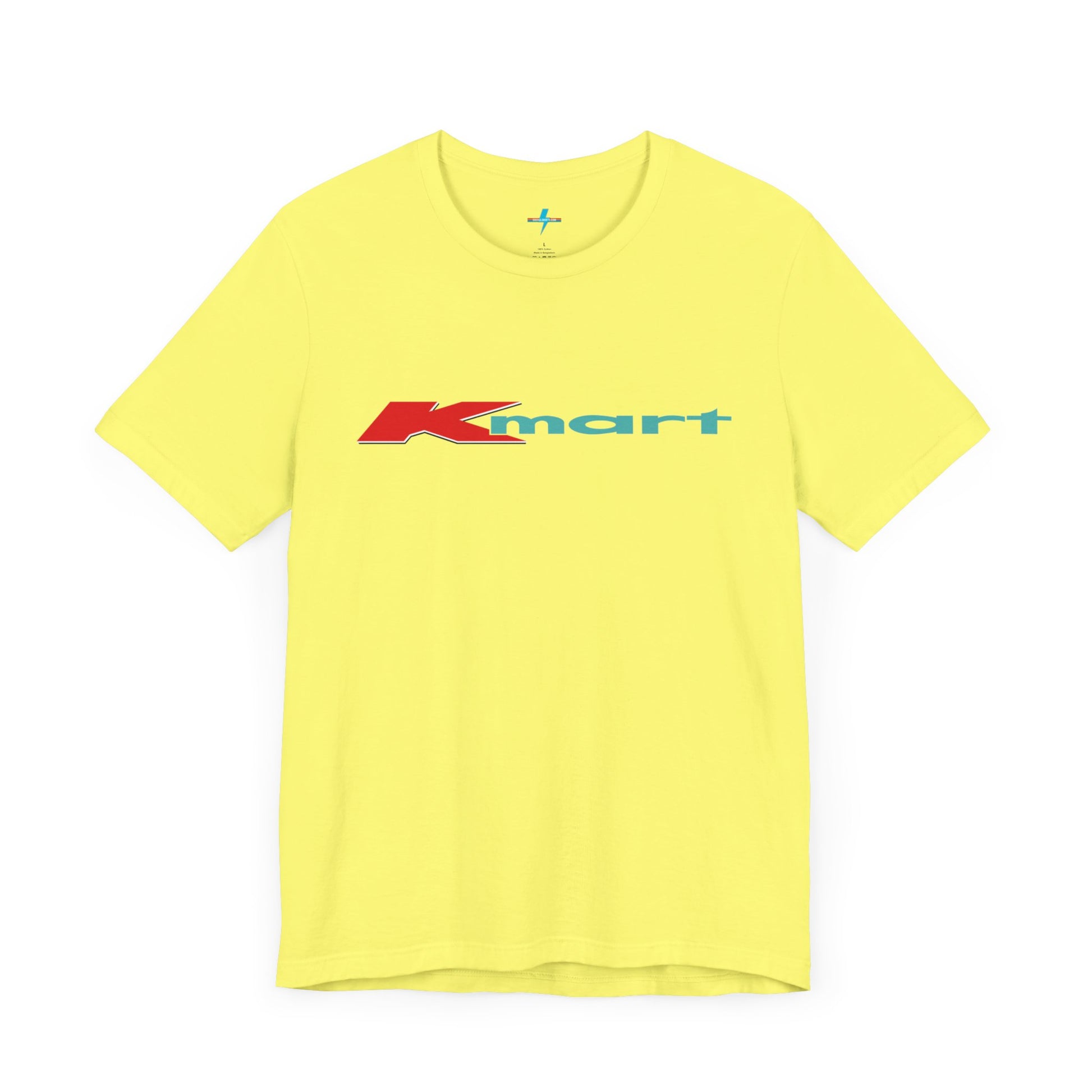 The Printify KMart Logo 1980s Retro - Unisex Jersey Short Sleeve Tee in dark gray features a nostalgic design with the iconic logo in red and teal across the chest. This short-sleeve crew-neck shirt exudes vintage charm with its simple, classic look.