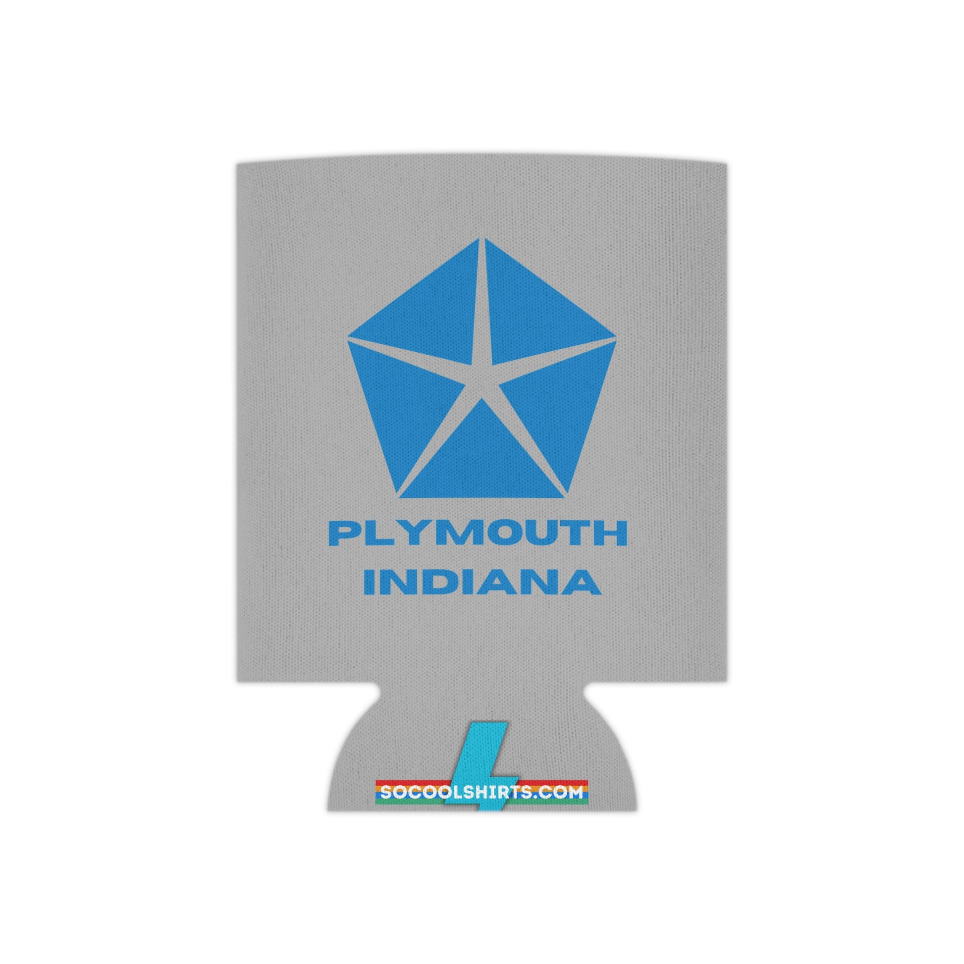 The Plymouth Indiana Koozie by Printify is a gray foam can koozie adorned with a blue geometric star logo above the text "PLYMOUTH INDIANA." At the bottom, it features a retro-inspired design with the text "SOCOOLSHIRTS.COM" in red and blue.