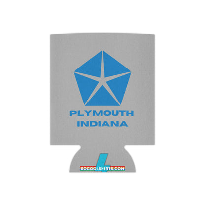 The Plymouth Indiana Koozie by Printify is a gray foam can koozie adorned with a blue geometric star logo above the text "PLYMOUTH INDIANA." At the bottom, it features a retro-inspired design with the text "SOCOOLSHIRTS.COM" in red and blue.