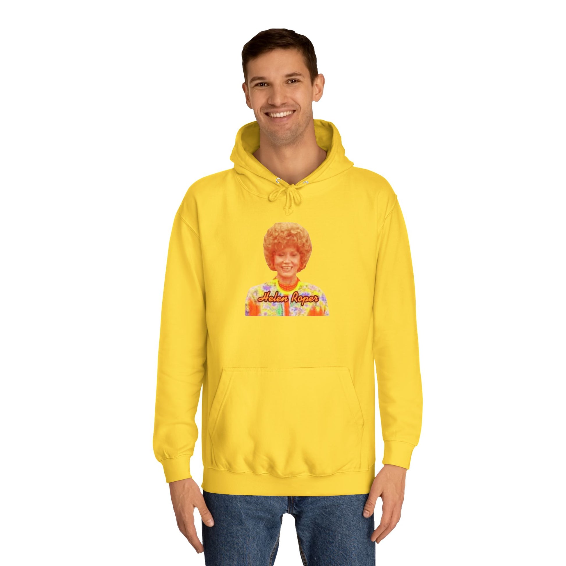 This Helen Roper - Three's Company unisex hoodie by Printify features a lively graphic of a woman with curly hair in a vibrant, patterned outfit. The elegantly scripted text "Mother Rogers" beneath her adds a vintage fashion flair to any wardrobe.