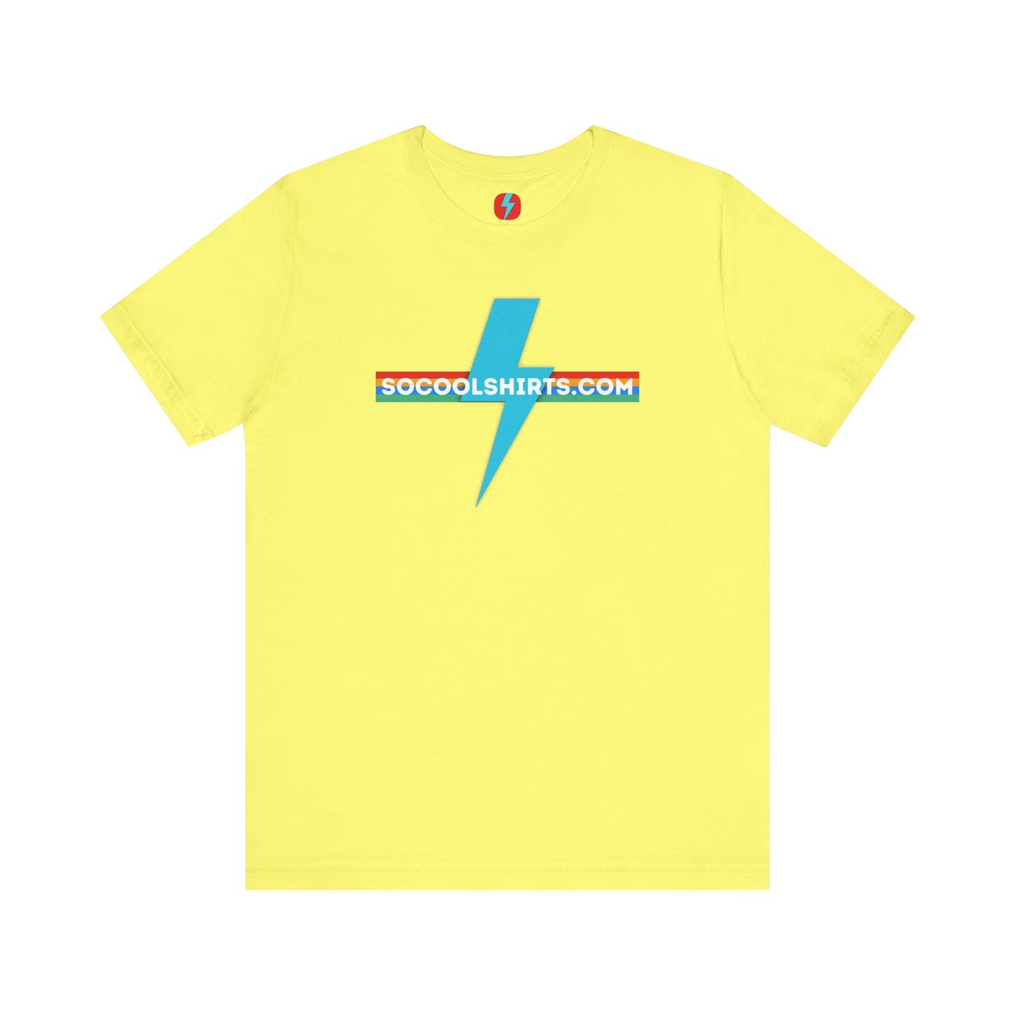 This unisex jersey short sleeve tee by Printify features a striking maroon color with a central light blue lightning bolt design. The text "SOCOOLSHIRTS.COM" is prominently displayed across the lightning bolt in white letters, set against a multicolored background that exudes retro vibes. The shirt is shown laid flat on a white backdrop.