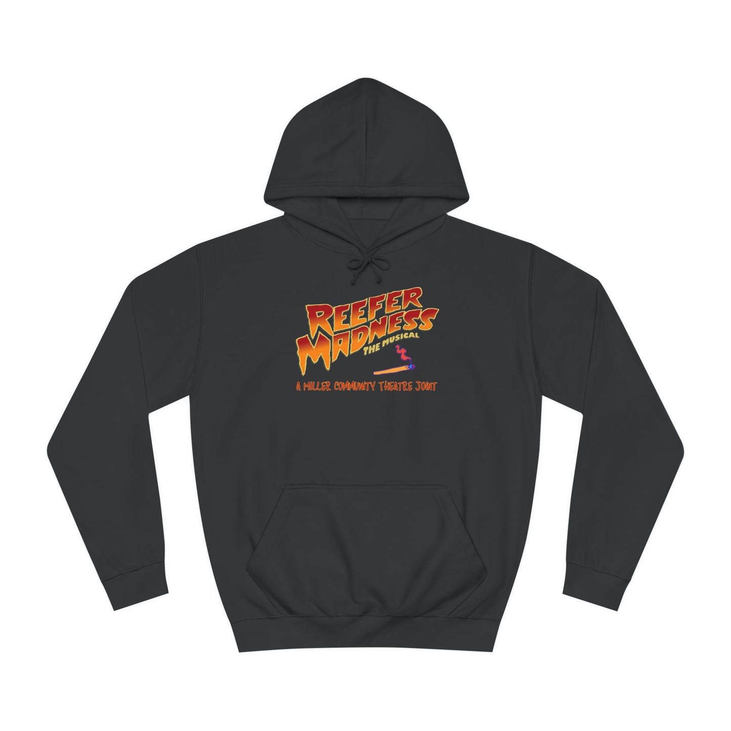 Introducing the "Reefer Madness - A Miller Community Theatre Joint" hoodie by Printify—a green hoodie with "Reefer Madness The Musical" displayed in bold, colorful font. Beneath it, the phrase "A very scary trip!" is featured. This hoodie is ideal for fans of the Miller Community Theatre production and comes with a front pocket and a drawstring hood.