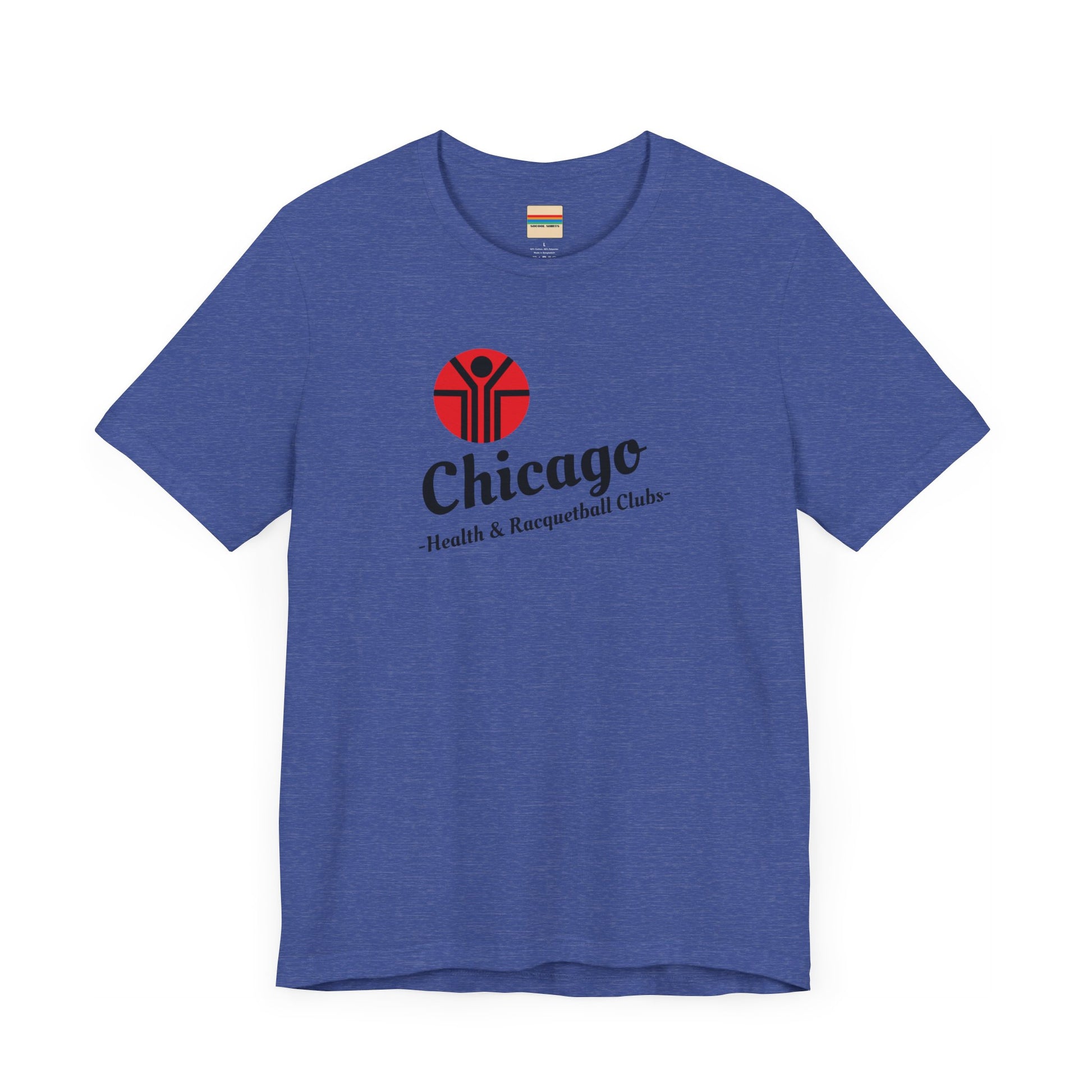 Two gray T-shirts are neatly folded on top of each other, with the top shirt showcasing the text "Chicago Health & Racquetball Clubs" in black below a red logo featuring a person with raised arms inside a circular design. This retro-inspired tee, named "Chicago Health Clubs 1980s Retro - Unisex Jersey Short Sleeve Tee" by Printify, is perfect for any fan of Chicago Health Clubs.