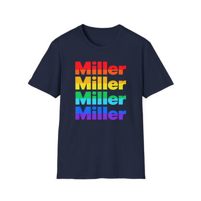 Miller Beach Rainbow Retro Tee — Vintage Stack Name Pride T-Shirt