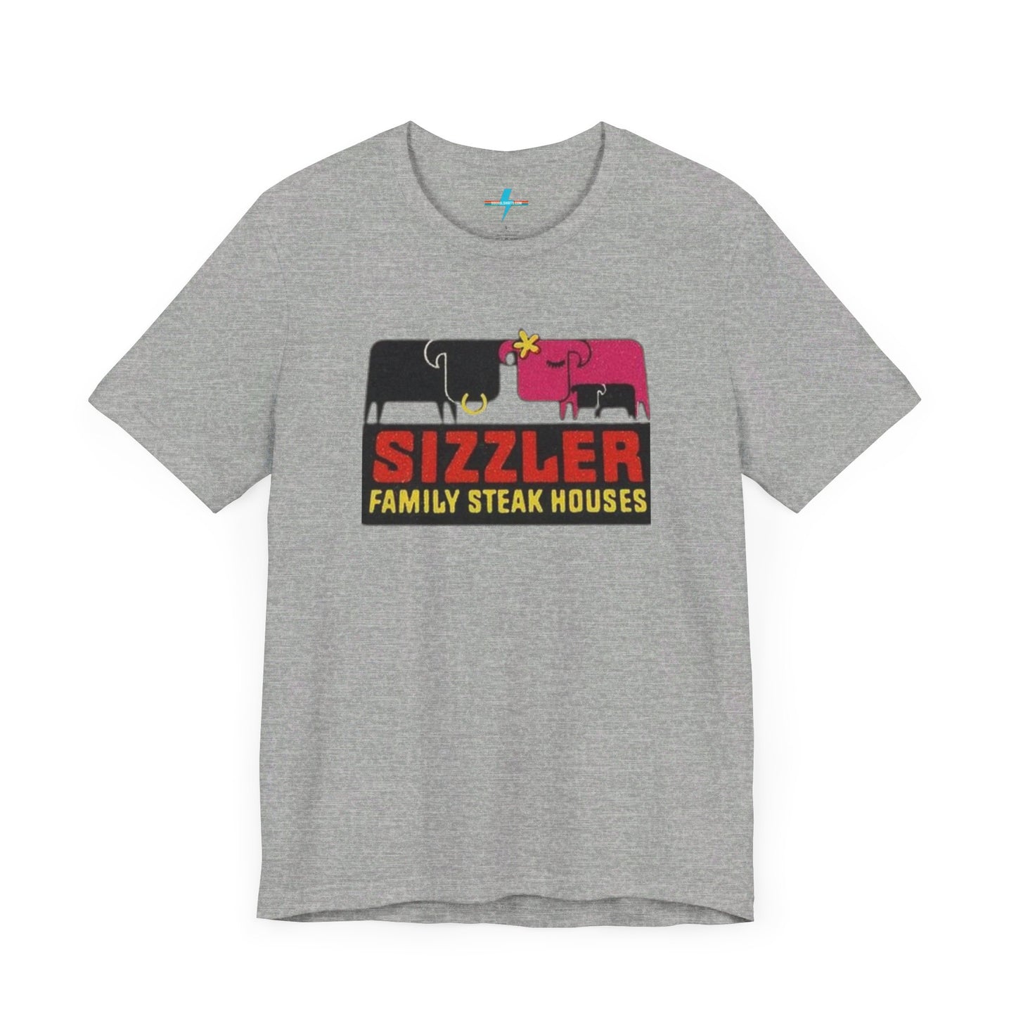 The "Sizzler Family Steakhouses - Retro 1981 Logo - Unisex Jersey Short Sleeve Tee" by Printify is a gray t-shirt showcasing a retro-style graphic with two black and pink cows, a cactus, and the text "Sizzler Family Steak Houses" in vibrant red and yellow. Ideal for any retro enthusiast, this design evokes nostalgia reminiscent of vintage restaurant logos from 1981.