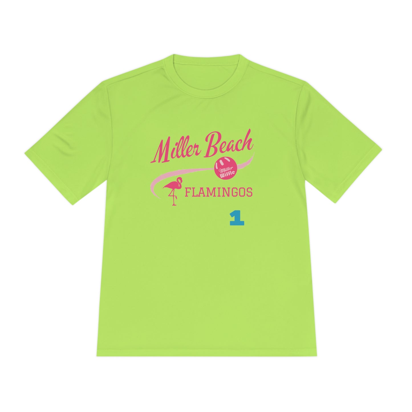 Introducing the "Miller Beach Flamingos - Jackson 01" Unisex Moisture Wicking Tee by Printify. This beige T-shirt showcases "Miller Beach" in a pink cursive font accompanied by a small pink flamingo illustration. Below, "FLAMINGOS" is displayed in bold pink capital letters, with a blue "01" on the bottom right corner. As part of the Sport-Tek PosiCharge Competitor collection, this lightweight shirt provides superior moisture-wicking performance.