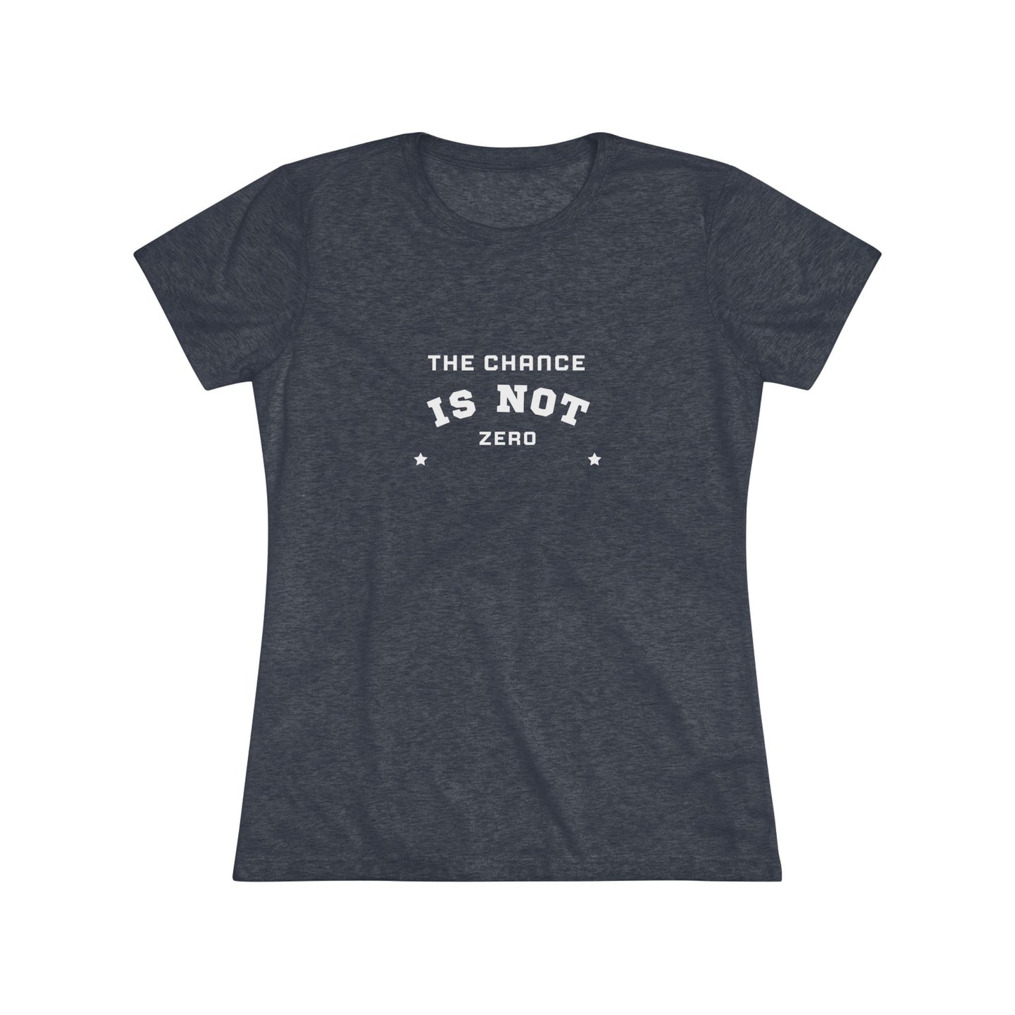 Printify's dark gray "The Chance is Not Zero - Women's Triblend Tee," made from a premium triple fabric blend, showcases inspiring text in white on the front, flanked by two small stars. It’s perfect as a daily motivational reminder.