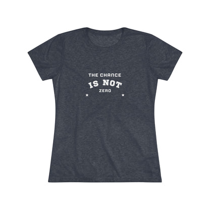 Printify's dark gray "The Chance is Not Zero - Women's Triblend Tee," made from a premium triple fabric blend, showcases inspiring text in white on the front, flanked by two small stars. It’s perfect as a daily motivational reminder.