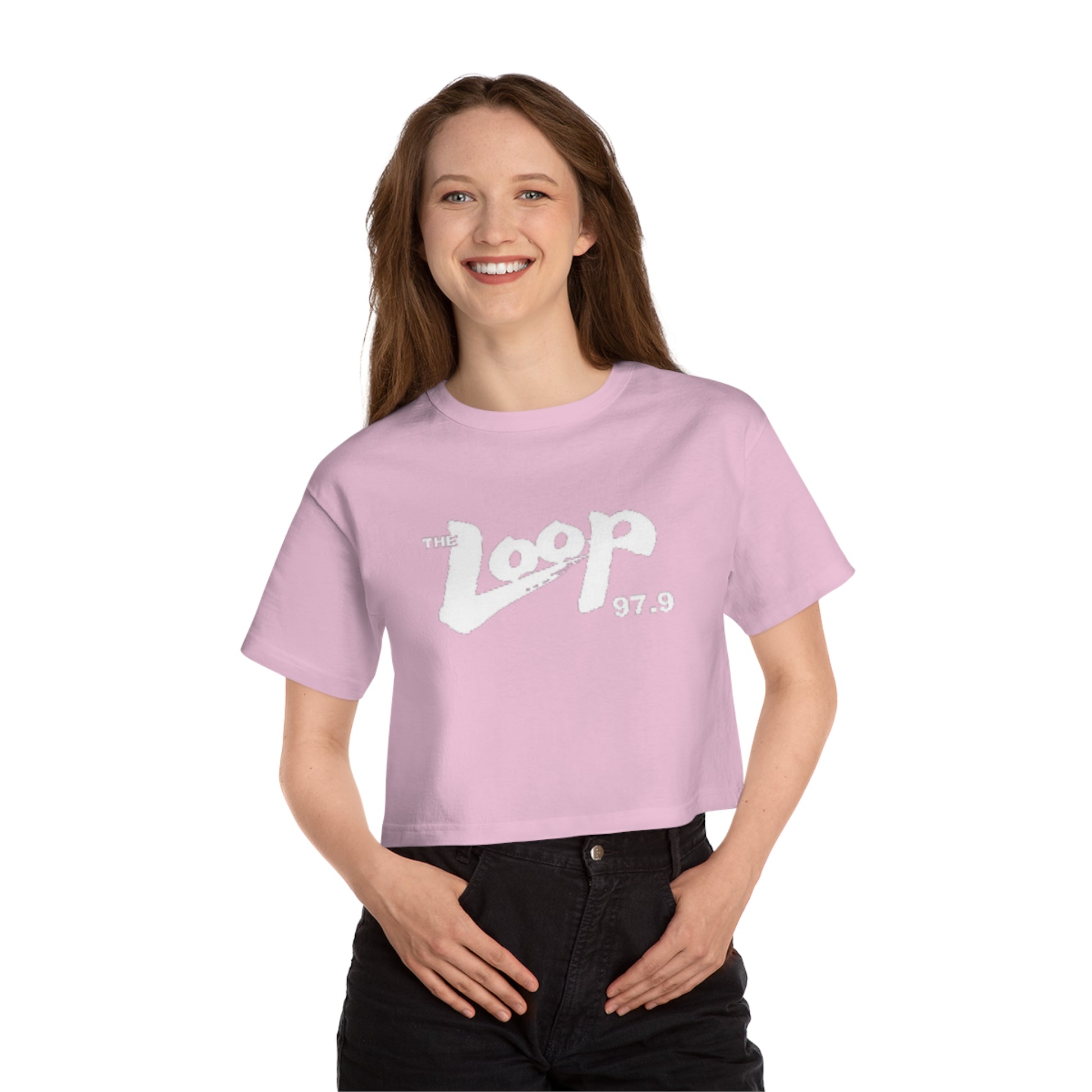 A black, 100% cotton Champion Women's Heritage Cropped T-Shirt from Printify featuring the "The Loop 97.9" logo in white, stylized text across the chest.